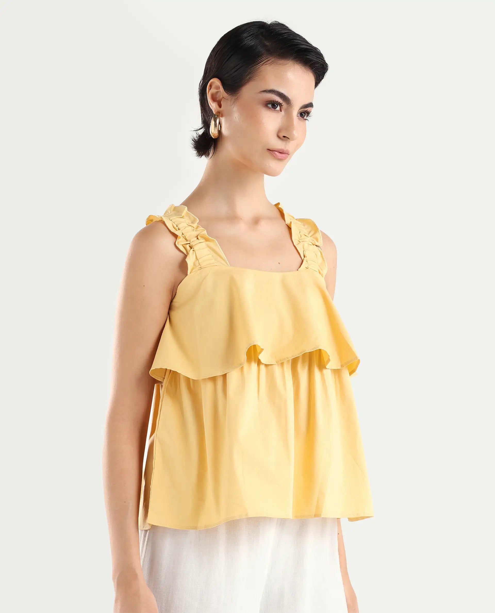 Rareism Women's Indika Yellow Cotton Blend Square Neck Plain Ruffled Sleeve Relaxed Fit Top