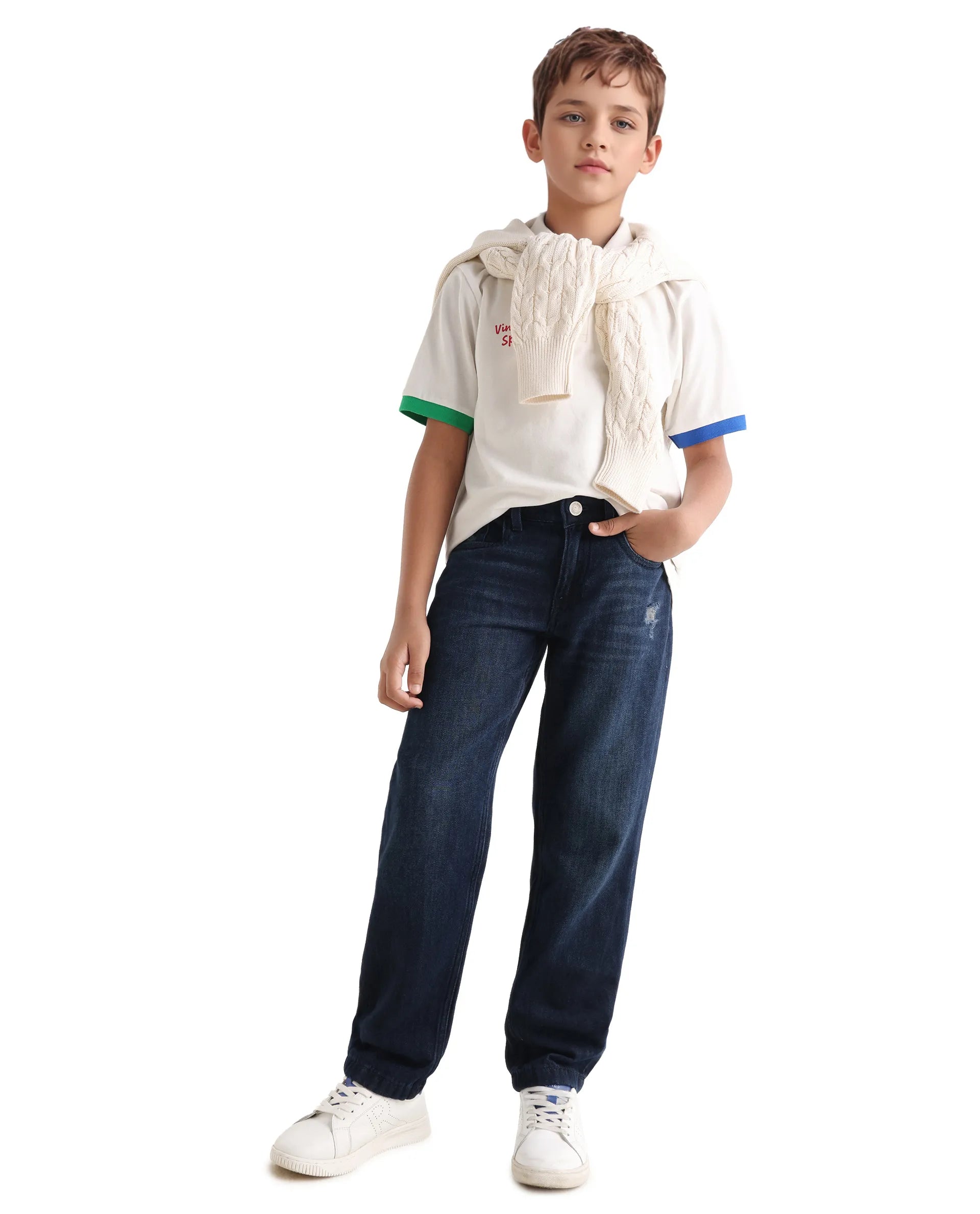 Rare Ones Kids Indi-K Dark Navy Cotton Button And Zip Closure Plain Regular Fit Jeans
