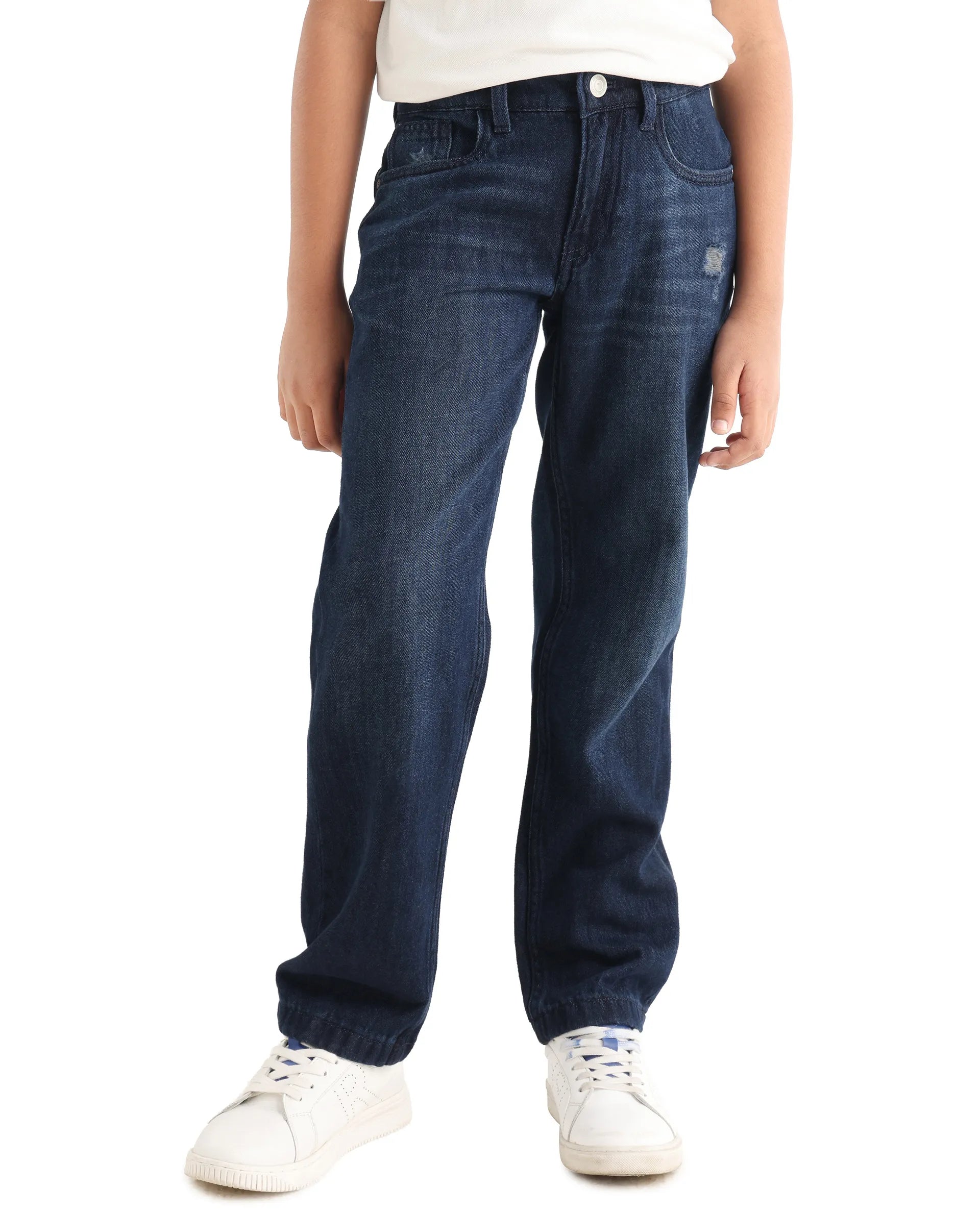 Rare Ones Kids Indi-K Dark Navy Cotton Button And Zip Closure Plain Regular Fit Jeans