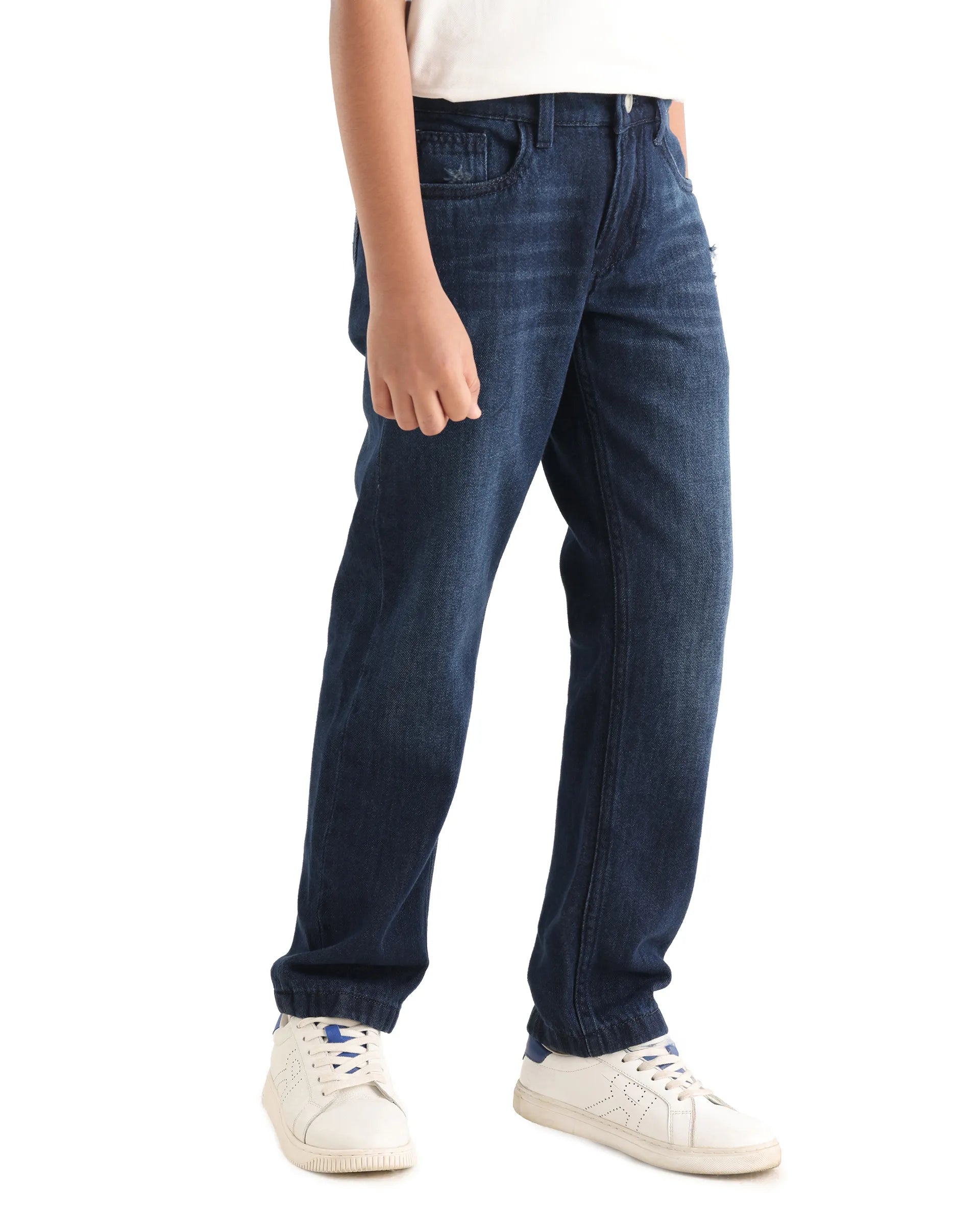 Rare Ones Kids Indi-K Dark Navy Cotton Button And Zip Closure Plain Regular Fit Jeans