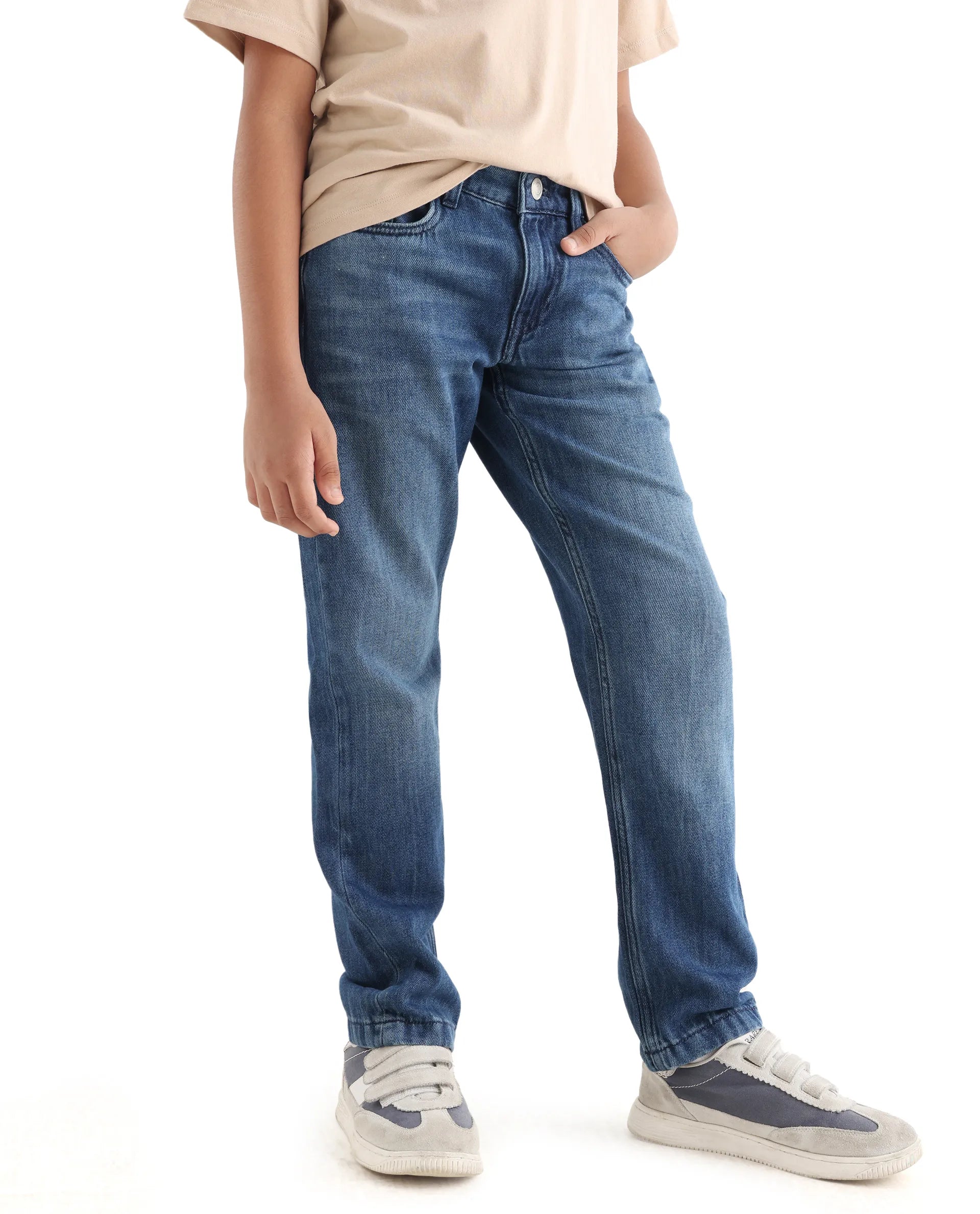 Rare Ones Kids Indi-K Light Navy Cotton Button And Zip Closure Plain Regular Fit Jeans