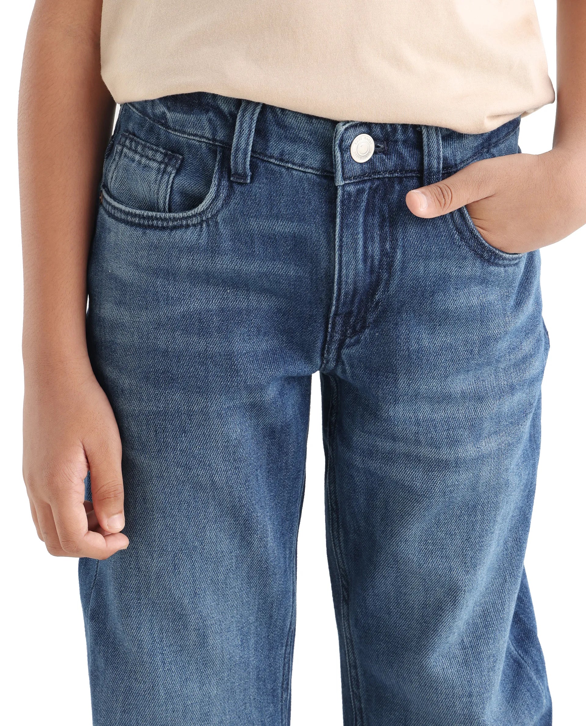 Rare Ones Kids Indi-K Light Navy Cotton Button And Zip Closure Plain Regular Fit Jeans