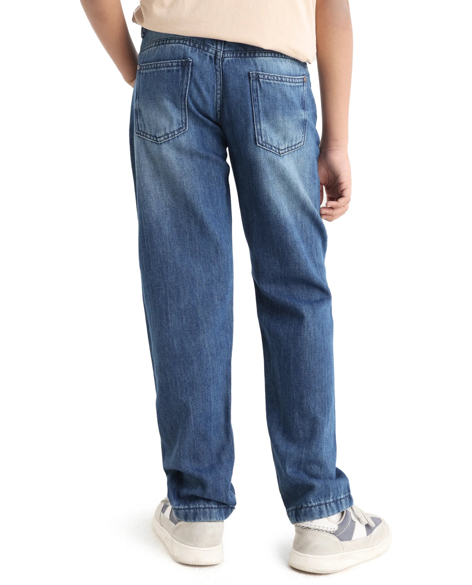 Rare Ones Kids Indi-K Light Navy Cotton Button And Zip Closure Plain Regular Fit Jeans