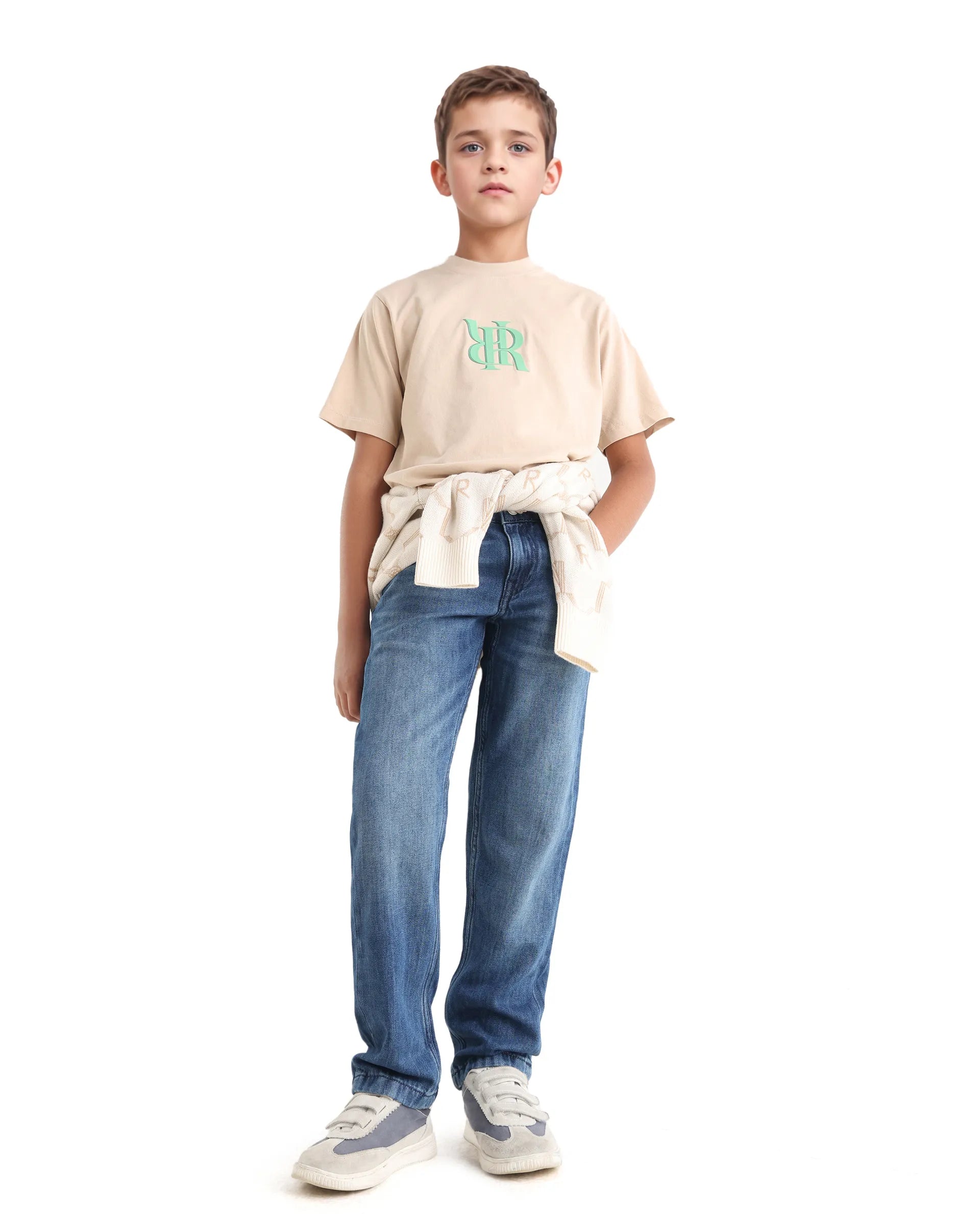 Rare Ones Kids Indi-K Light Navy Cotton Button And Zip Closure Plain Regular Fit Jeans