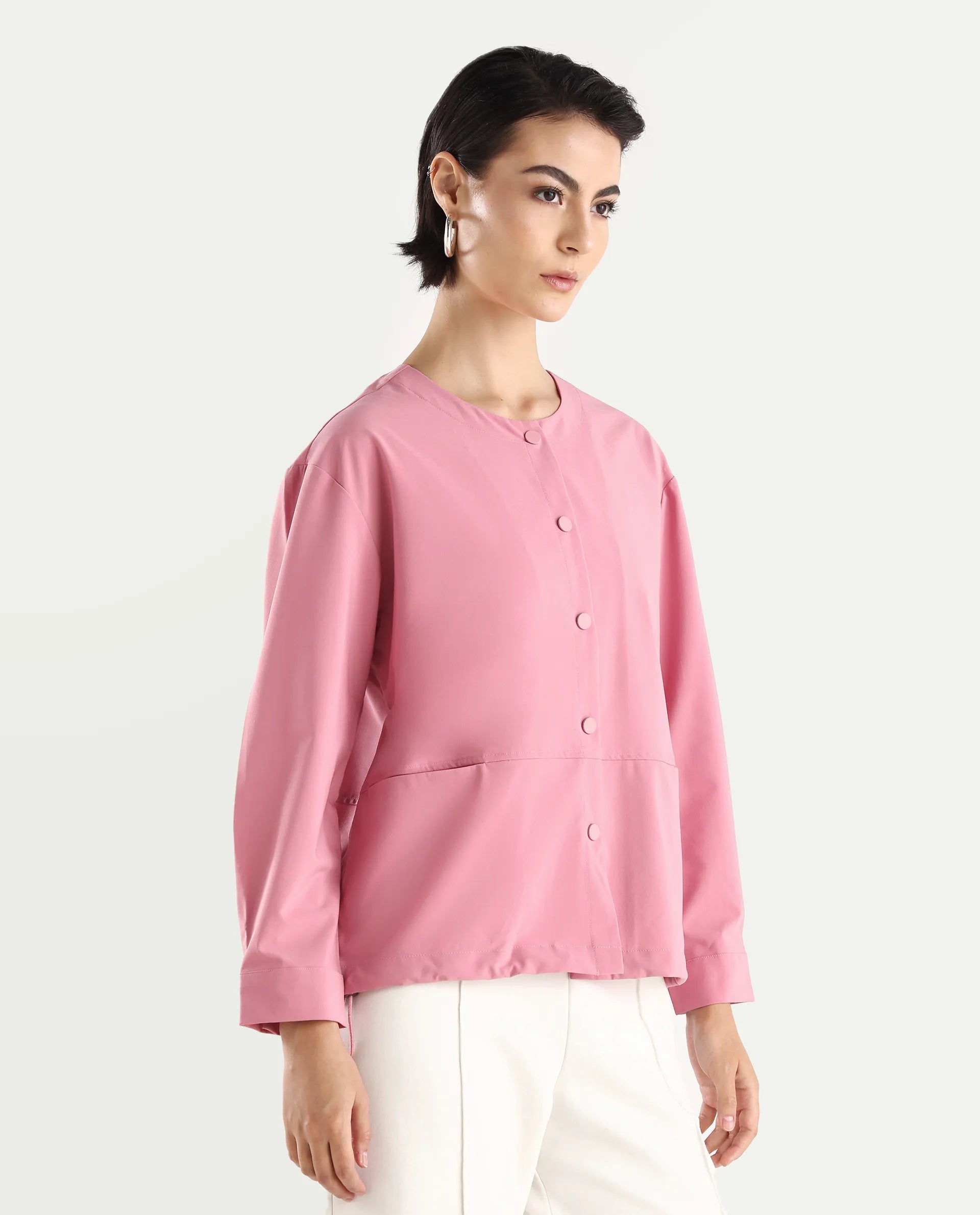 Rareism Women's Indow Dusky Pink Round Neck Plain Cuffed Sleeve Regular Fit Jacket