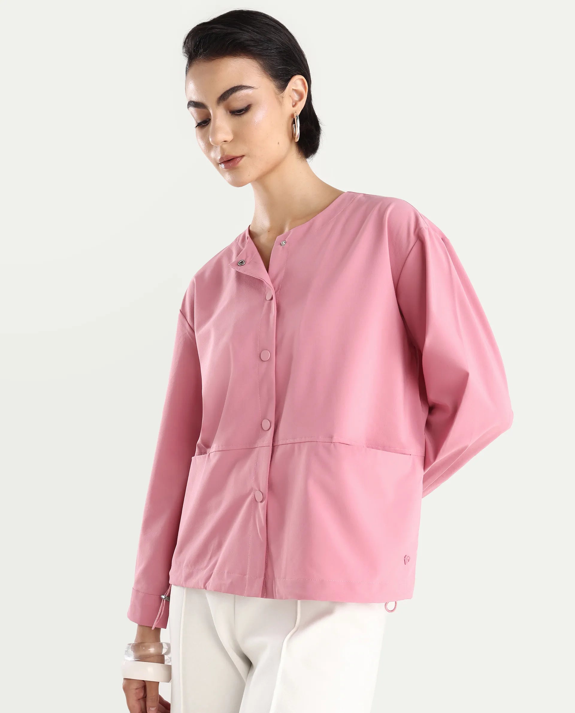 Rareism Women's Indow Dusky Pink Round Neck Plain Cuffed Sleeve Regular Fit Jacket