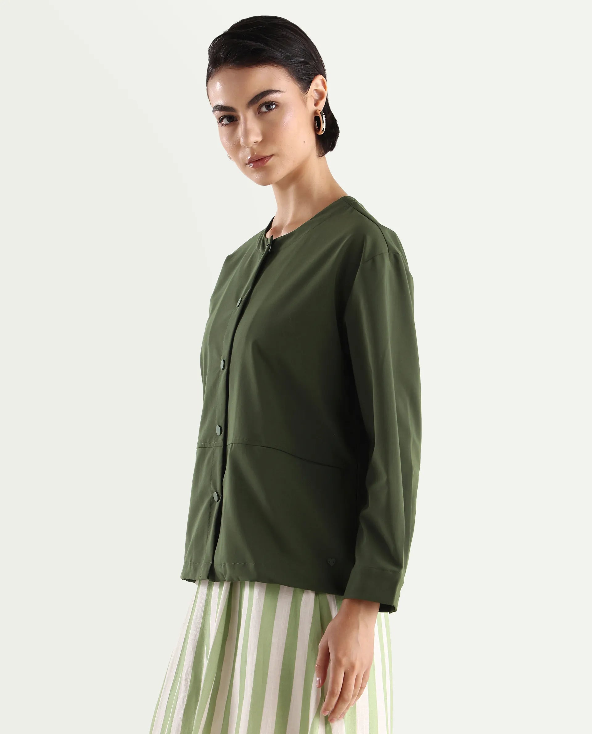 Rareism Women's Indow Olive Round Neck Plain Cuffed Sleeve Regular Fit Jacket