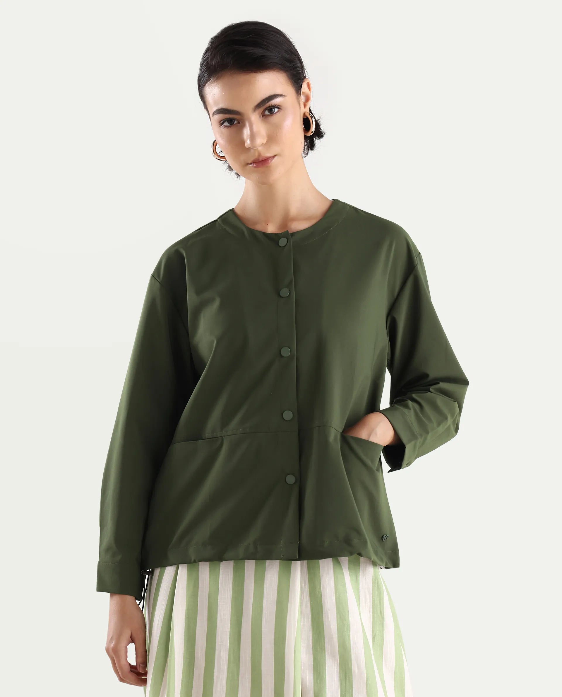 Rareism Women's Indow Olive Round Neck Plain Cuffed Sleeve Regular Fit Jacket