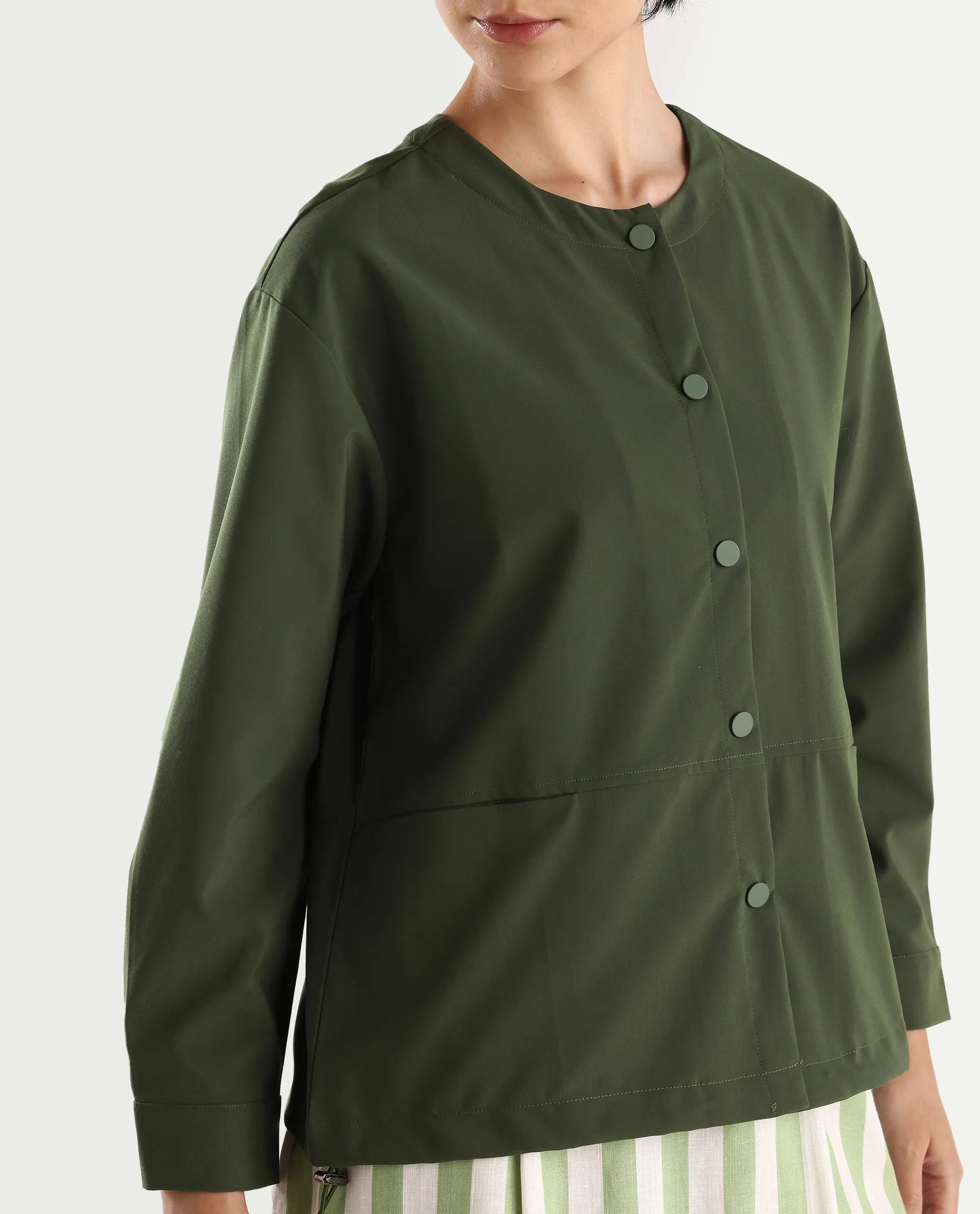 Rareism Women's Indow Olive Round Neck Plain Cuffed Sleeve Regular Fit Jacket