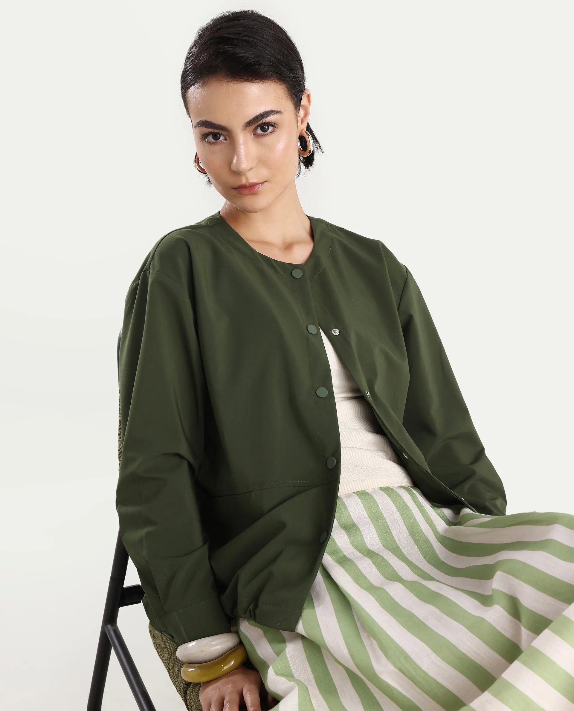 Rareism Women's Indow Olive Round Neck Plain Cuffed Sleeve Regular Fit Jacket