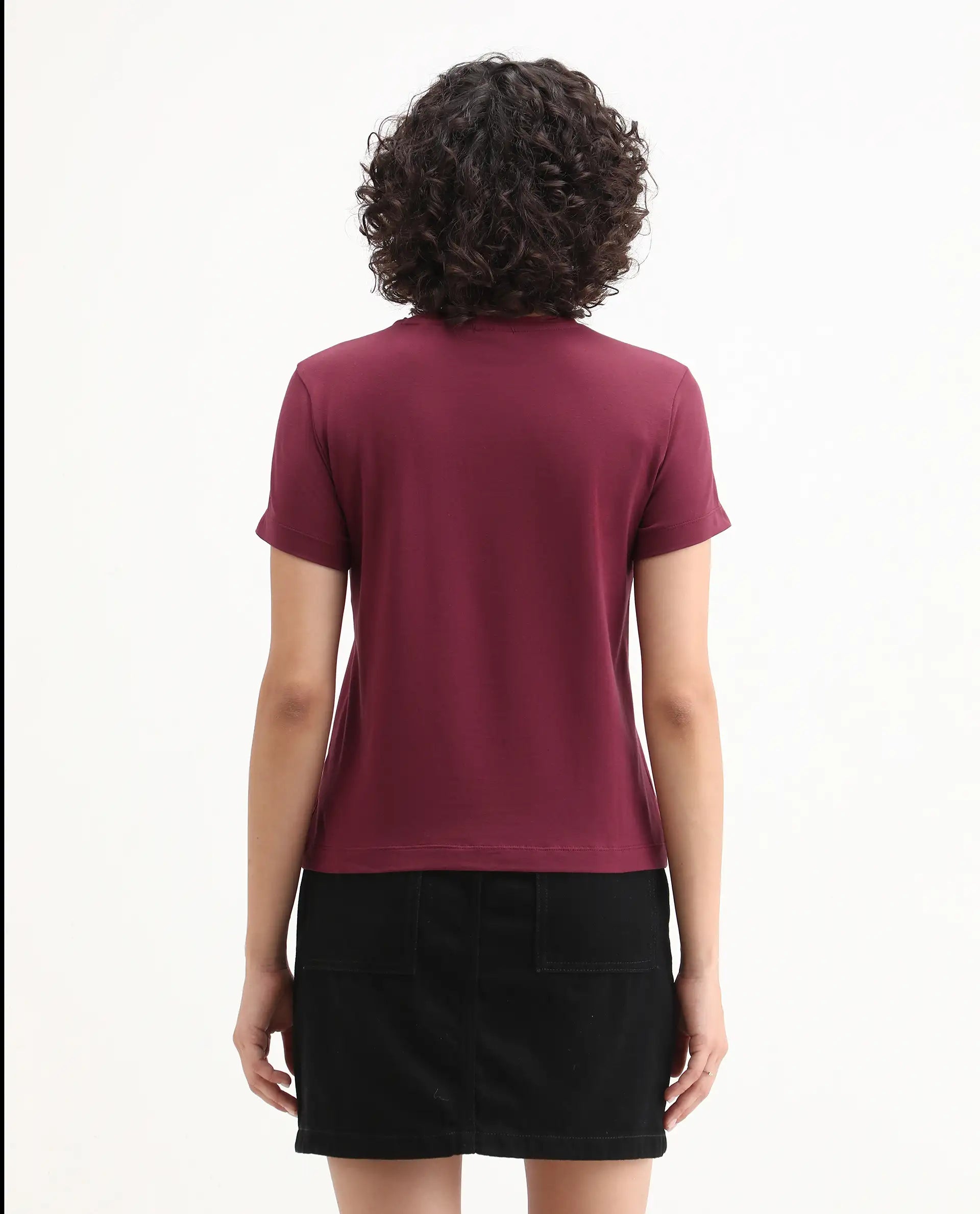 Rareism Women's Inki Maroon Cotton Blend Crew Neck Graphic Print Regular Fit T-Shirt