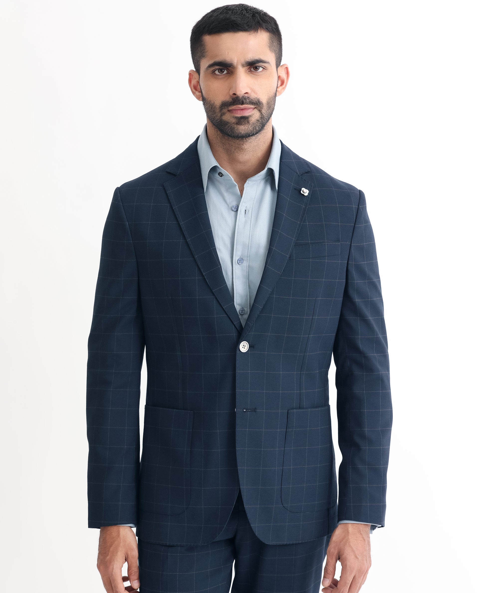 Rare Rabbit Men's Inlet Dark Navy Polyester Viscose Fabric Notch Lapel Button Closure Single Breasted Windowpane Checks Suits