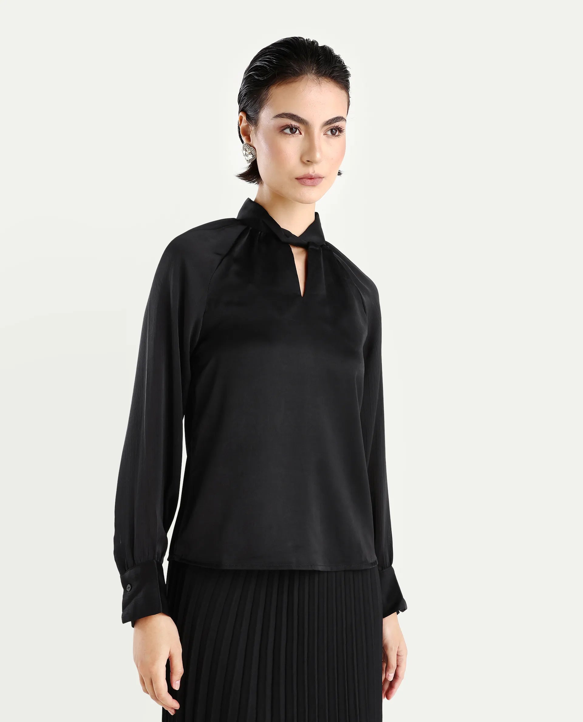Rareism Women's Innoga Black Satin High Neck Plain Cuffed Sleeve Regular Fit Top