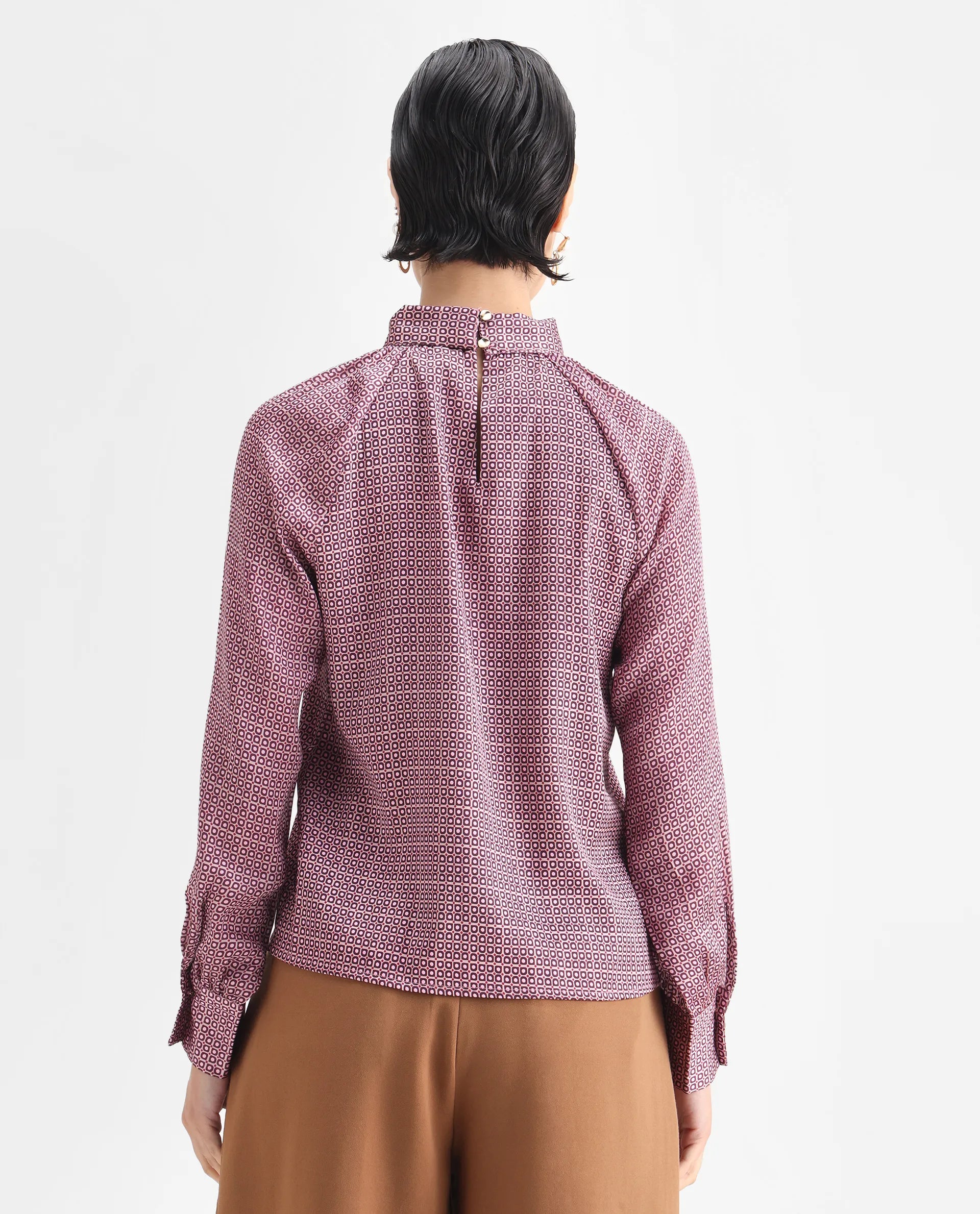 Rareism Women's Inno Multi Satin High Neck Geometric Print Cuffed Sleeve Regular Fit Top