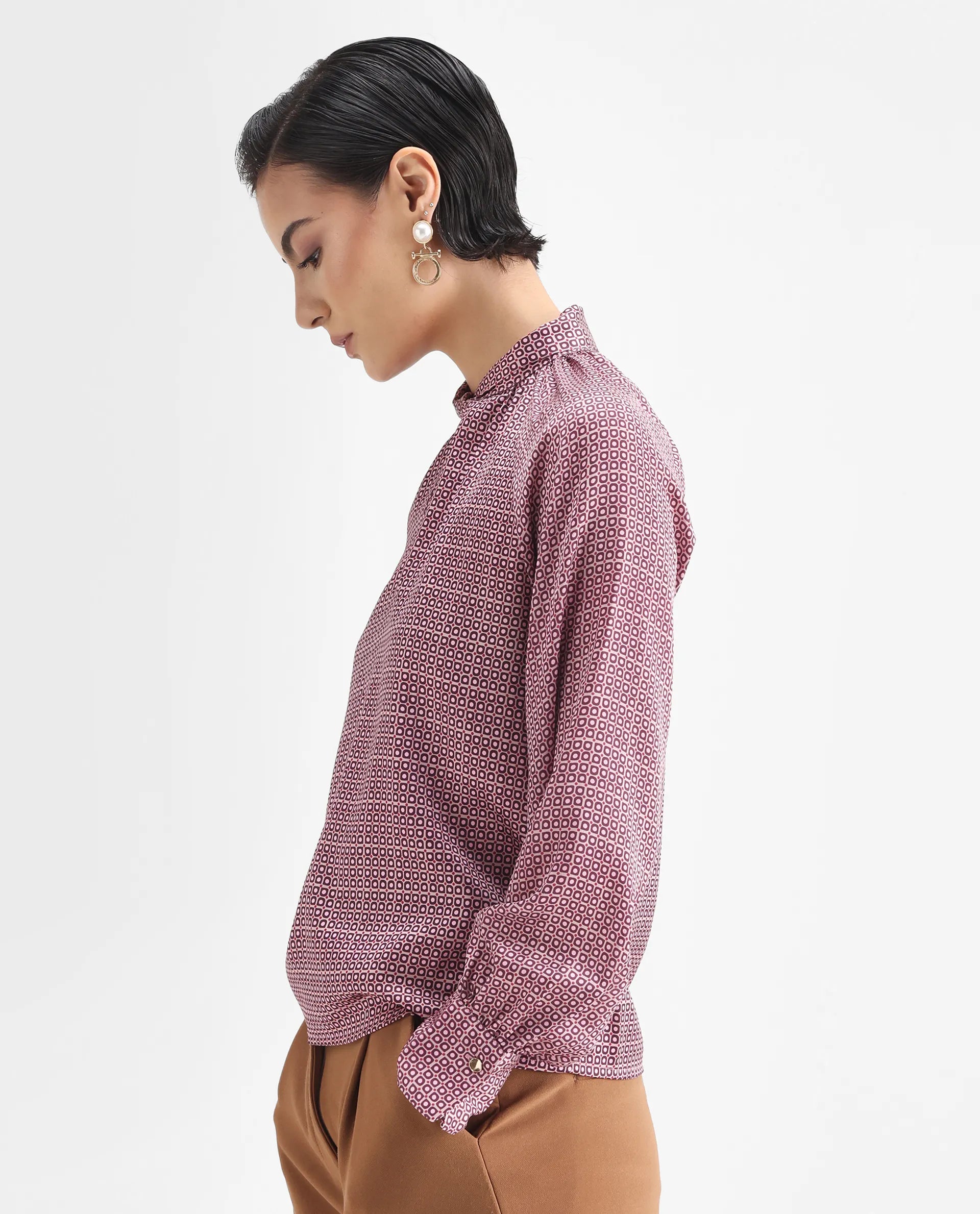 Rareism Women's Inno Multi Satin High Neck Geometric Print Cuffed Sleeve Regular Fit Top