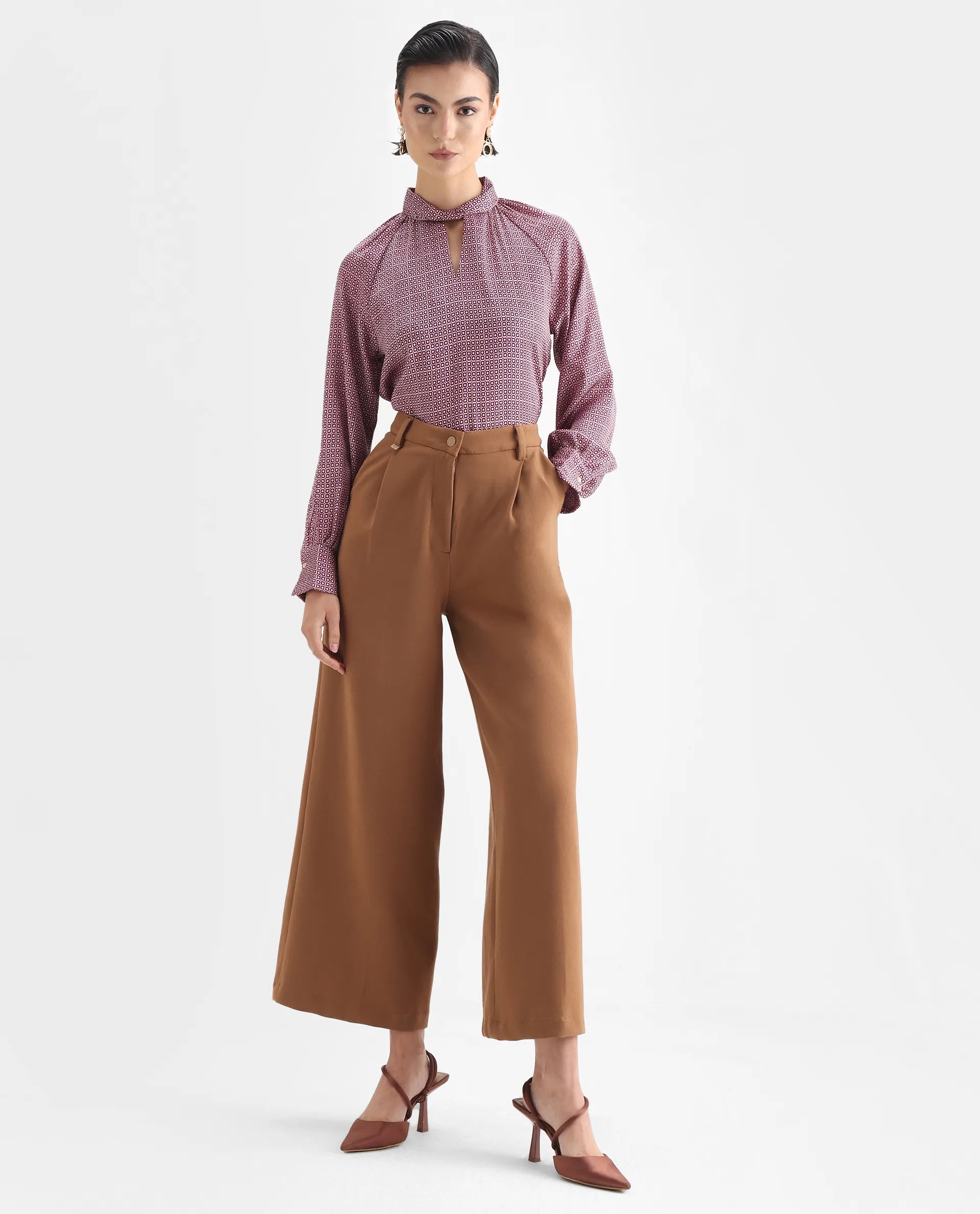 Rareism Women's Inno Multi Satin High Neck Geometric Print Cuffed Sleeve Regular Fit Top