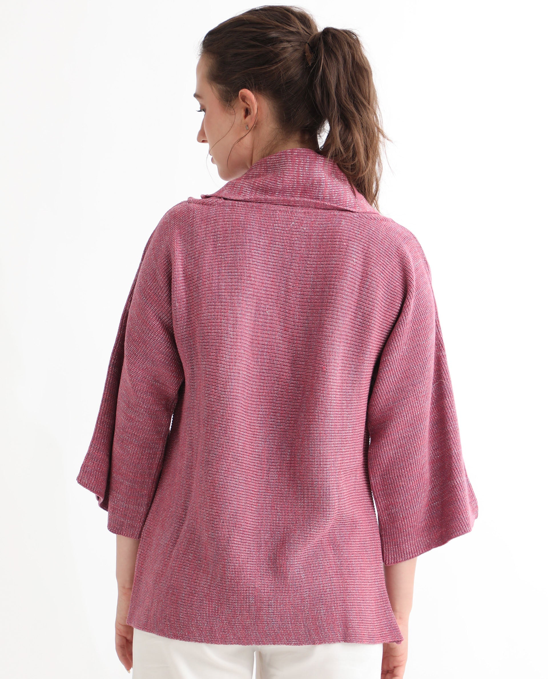 Rareism Women Innov Pink Polyester Fabric 3/4Th Sleeves Knee Length Relaxed Fit Solid Cowl Neck Sweater