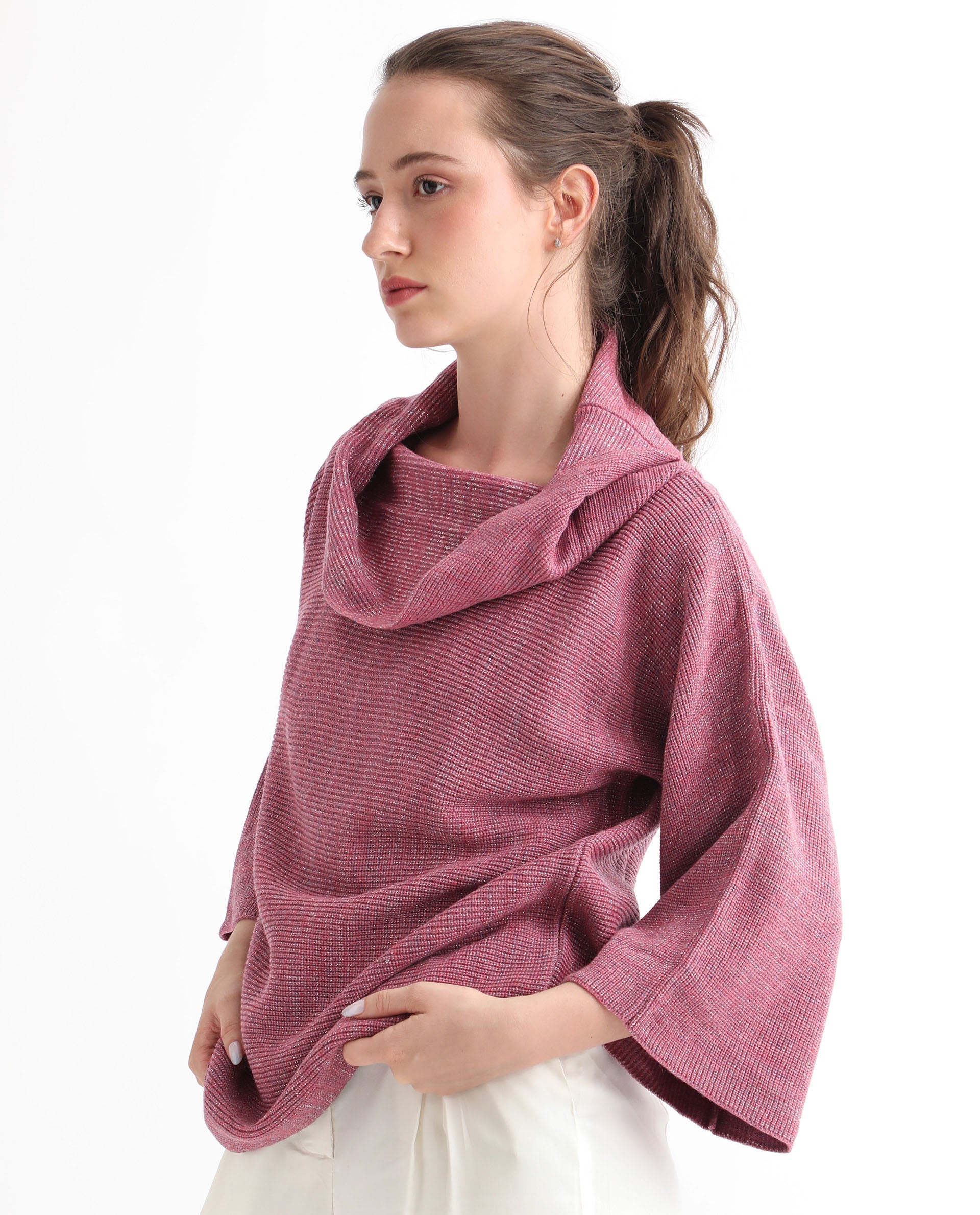 Rareism Women Innov Pink Polyester Fabric 3/4Th Sleeves Knee Length Relaxed Fit Solid Cowl Neck Sweater