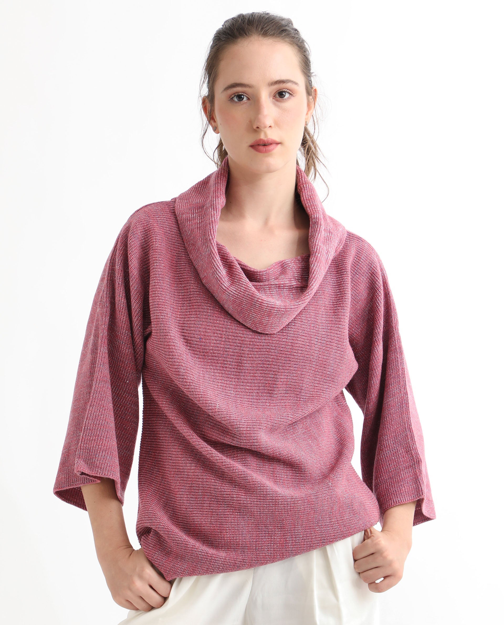 Rareism Women Innov Pink Polyester Fabric 3/4Th Sleeves Knee Length Relaxed Fit Solid Cowl Neck Sweater