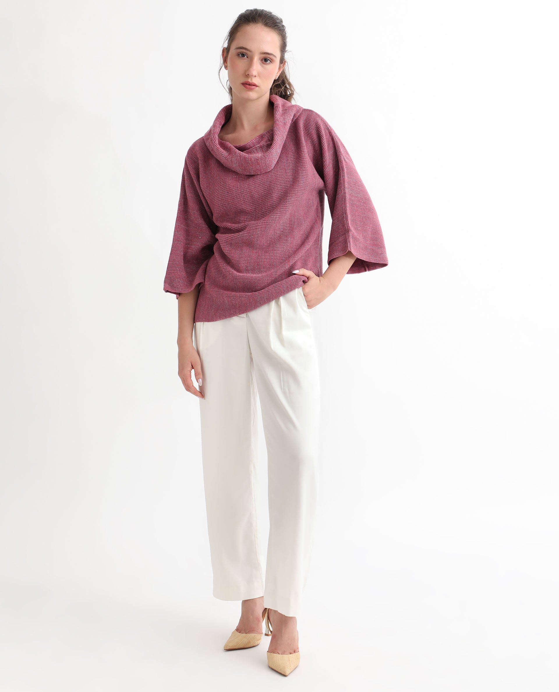 Rareism Women Innov Pink Polyester Fabric 3/4Th Sleeves Knee Length Relaxed Fit Solid Cowl Neck Sweater