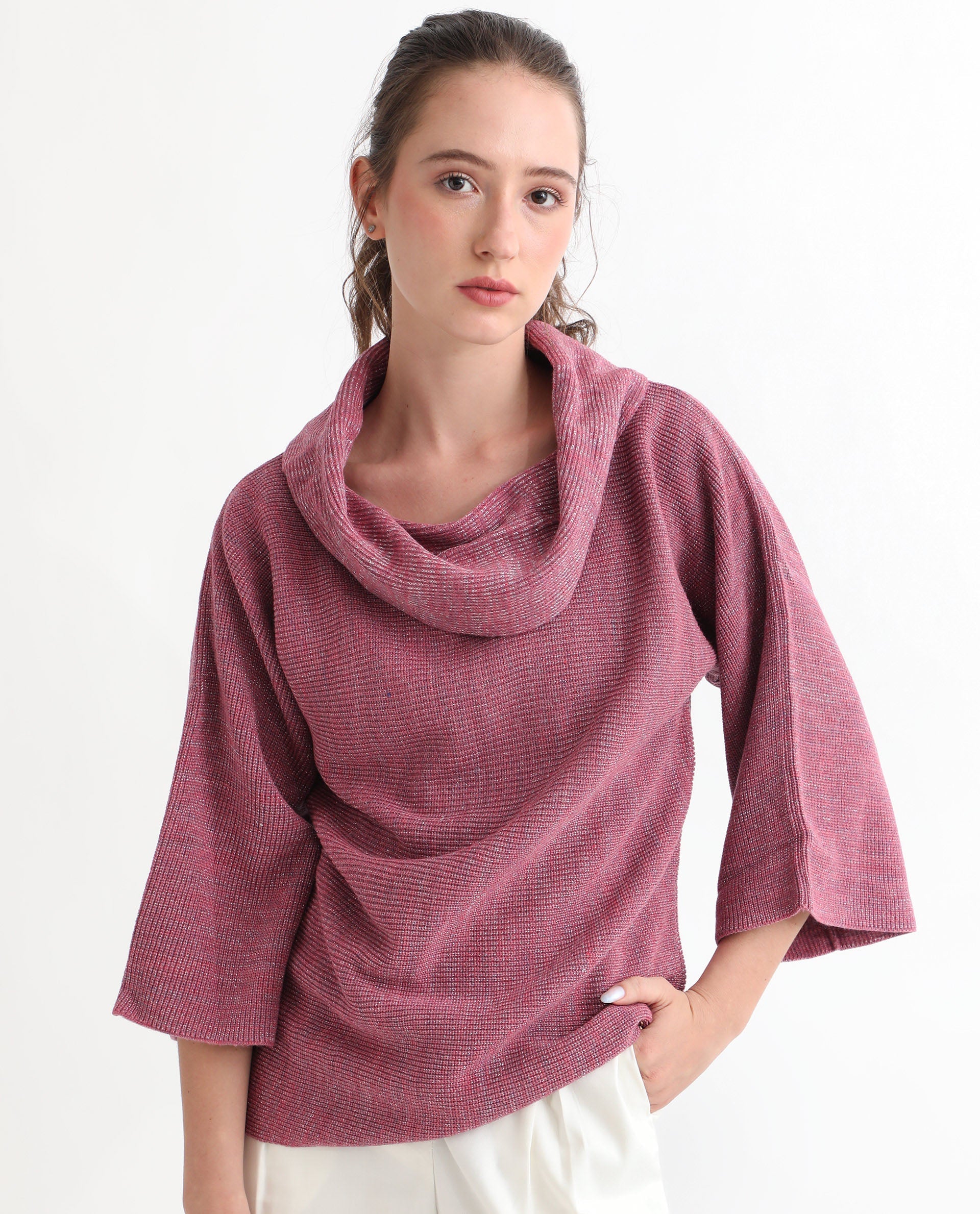 Rareism Women Innov Pink Polyester Fabric 3/4Th Sleeves Knee Length Relaxed Fit Solid Cowl Neck Sweater