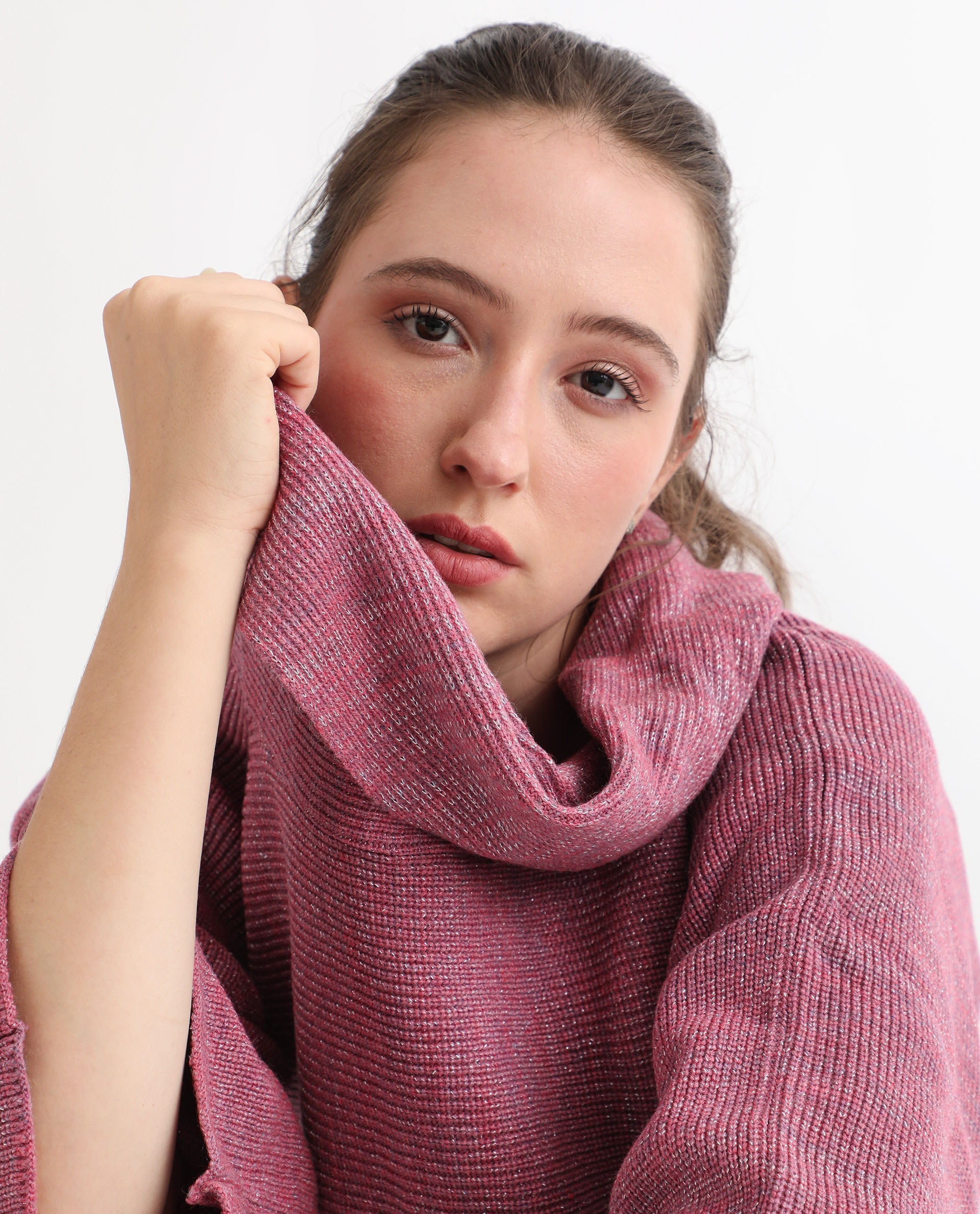 Rareism Women Innov Pink Polyester Fabric 3/4Th Sleeves Knee Length Relaxed Fit Solid Cowl Neck Sweater