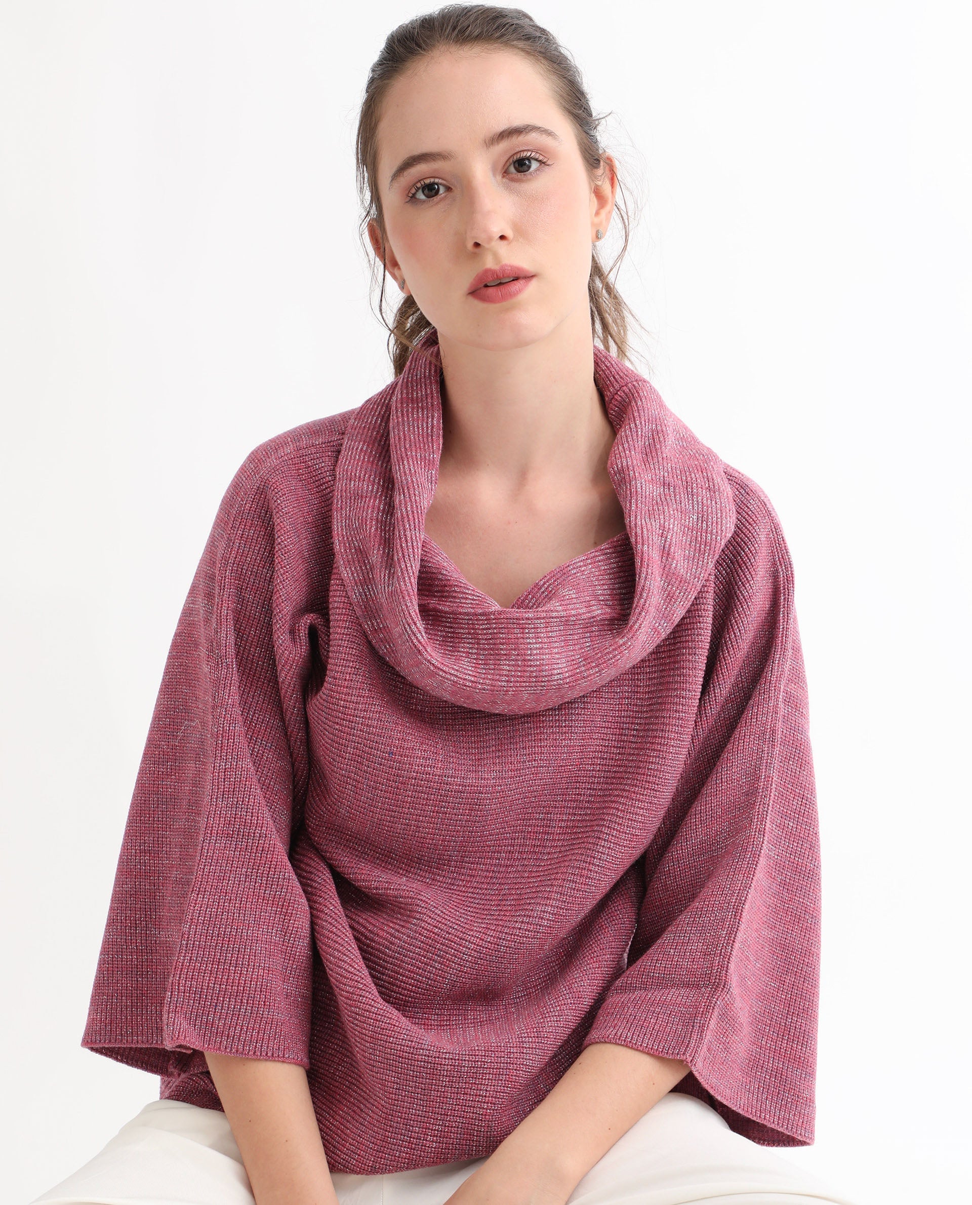 Rareism Women Innov Pink Polyester Fabric 3/4Th Sleeves Knee Length Relaxed Fit Solid Cowl Neck Sweater