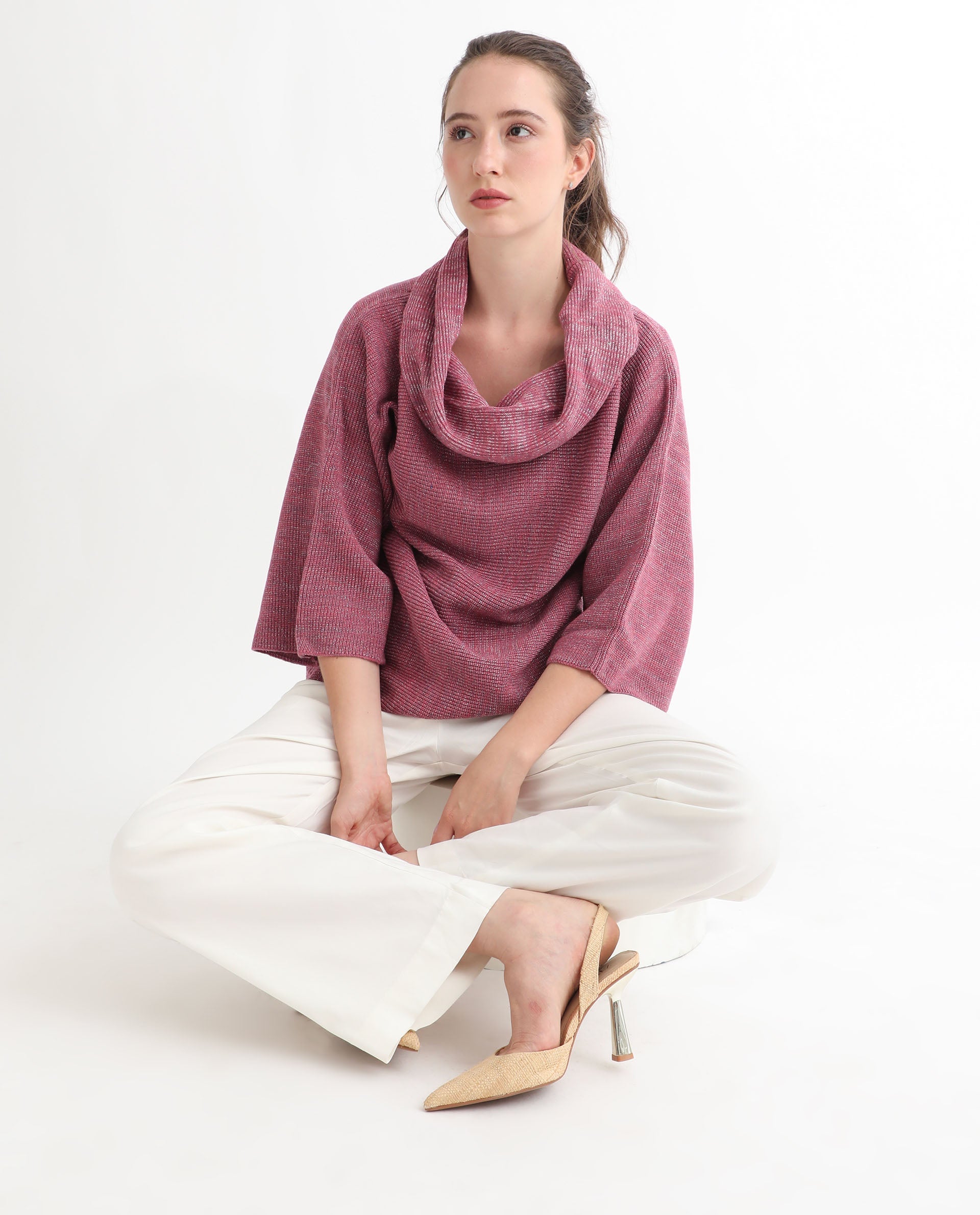 Rareism Women Innov Pink Polyester Fabric 3/4Th Sleeves Knee Length Relaxed Fit Solid Cowl Neck Sweater