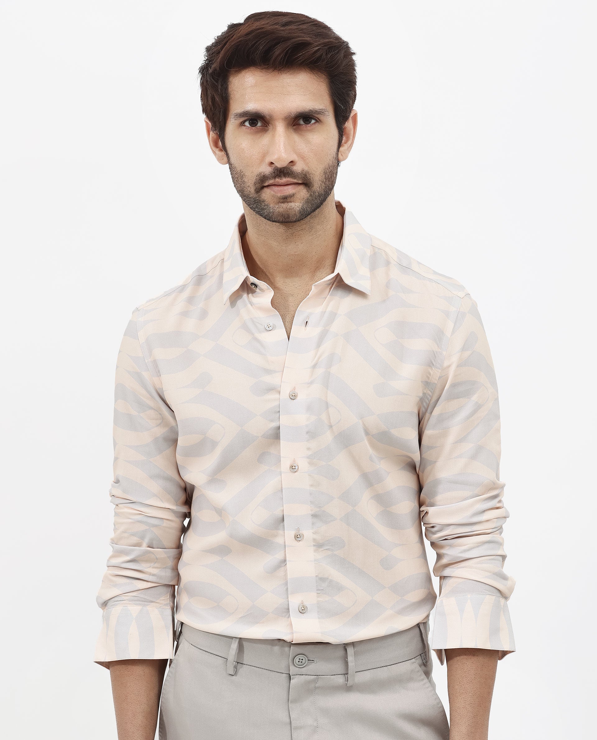 Rare Rabbit Mens Inot Pastel Peach Full Sleeve Regular Fit Abstract Print Shirt