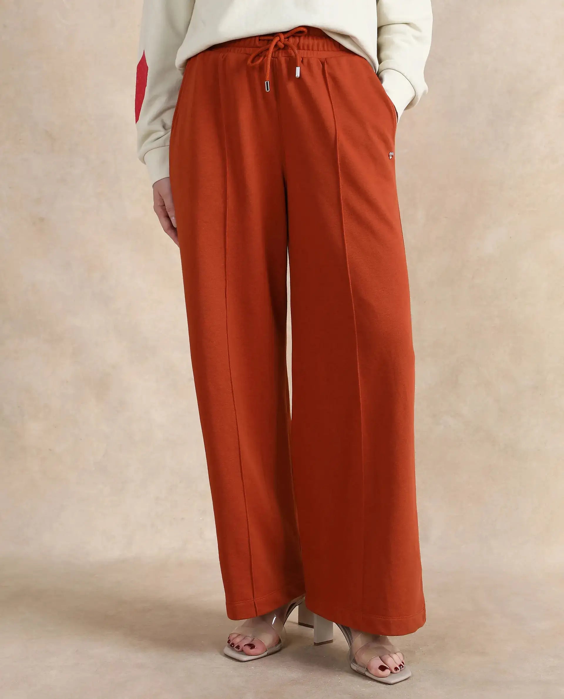 Rareism Women Inout Rust Cotton Blend Fabric Wide Fit Ankle Length Plain Track Pant