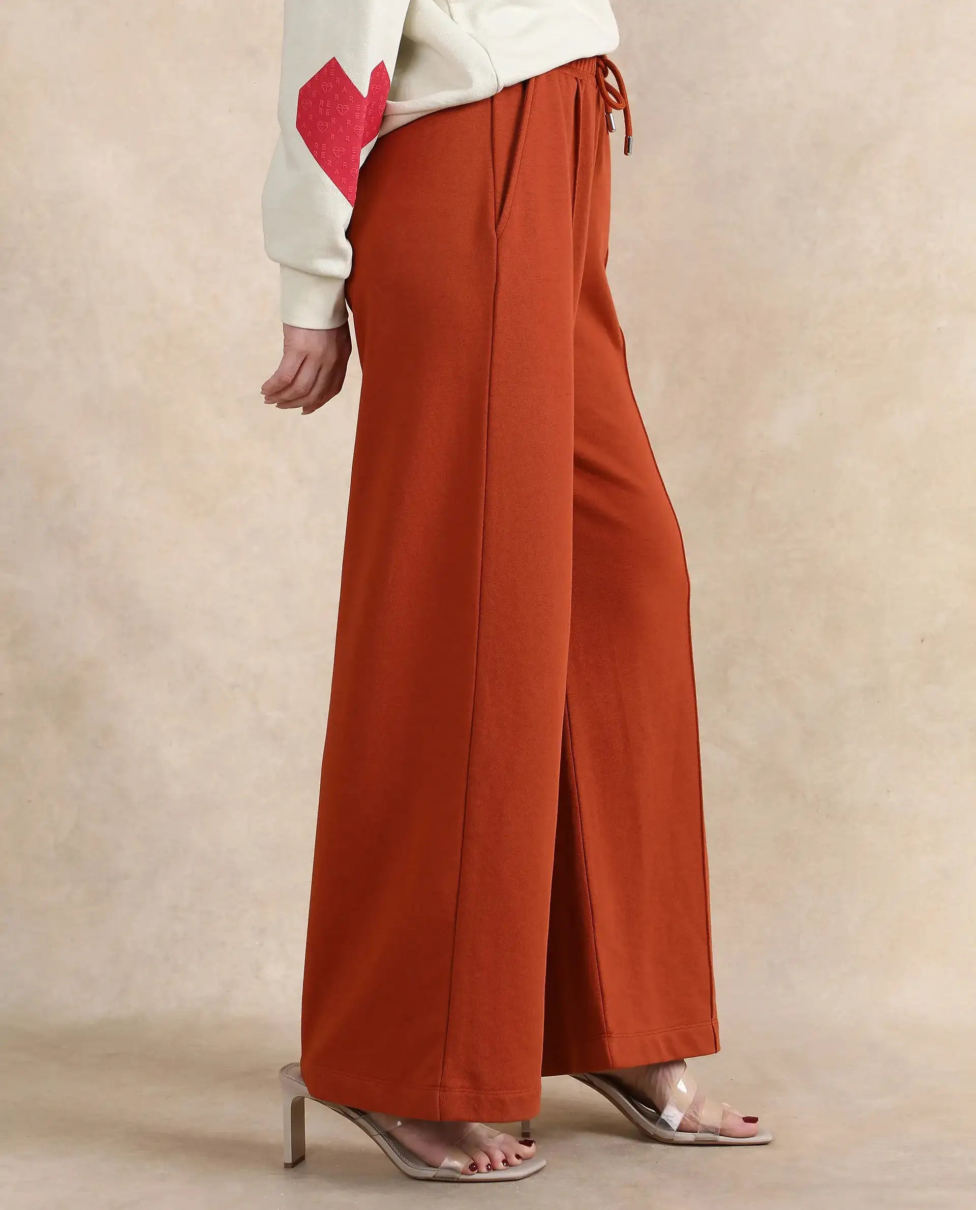 Rareism Women Inout Rust Cotton Blend Fabric Wide Fit Ankle Length Plain Track Pant