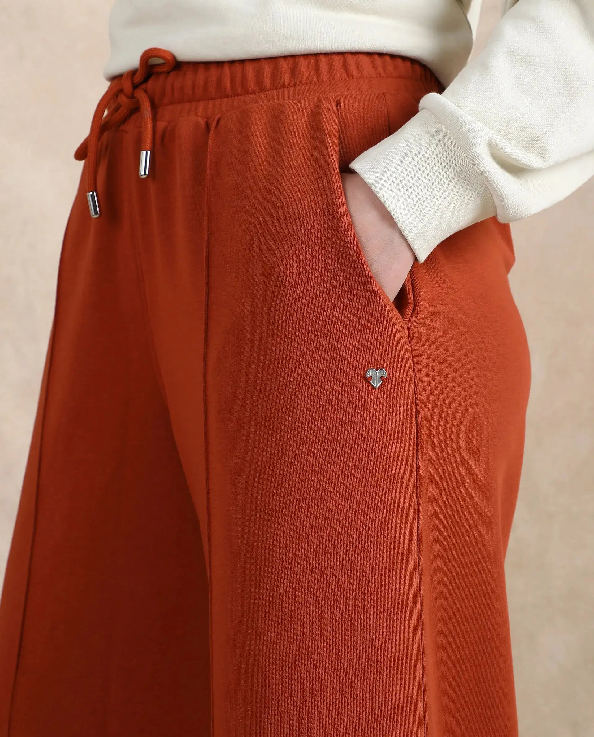 Rareism Women Inout Rust Cotton Blend Fabric Wide Fit Ankle Length Plain Track Pant