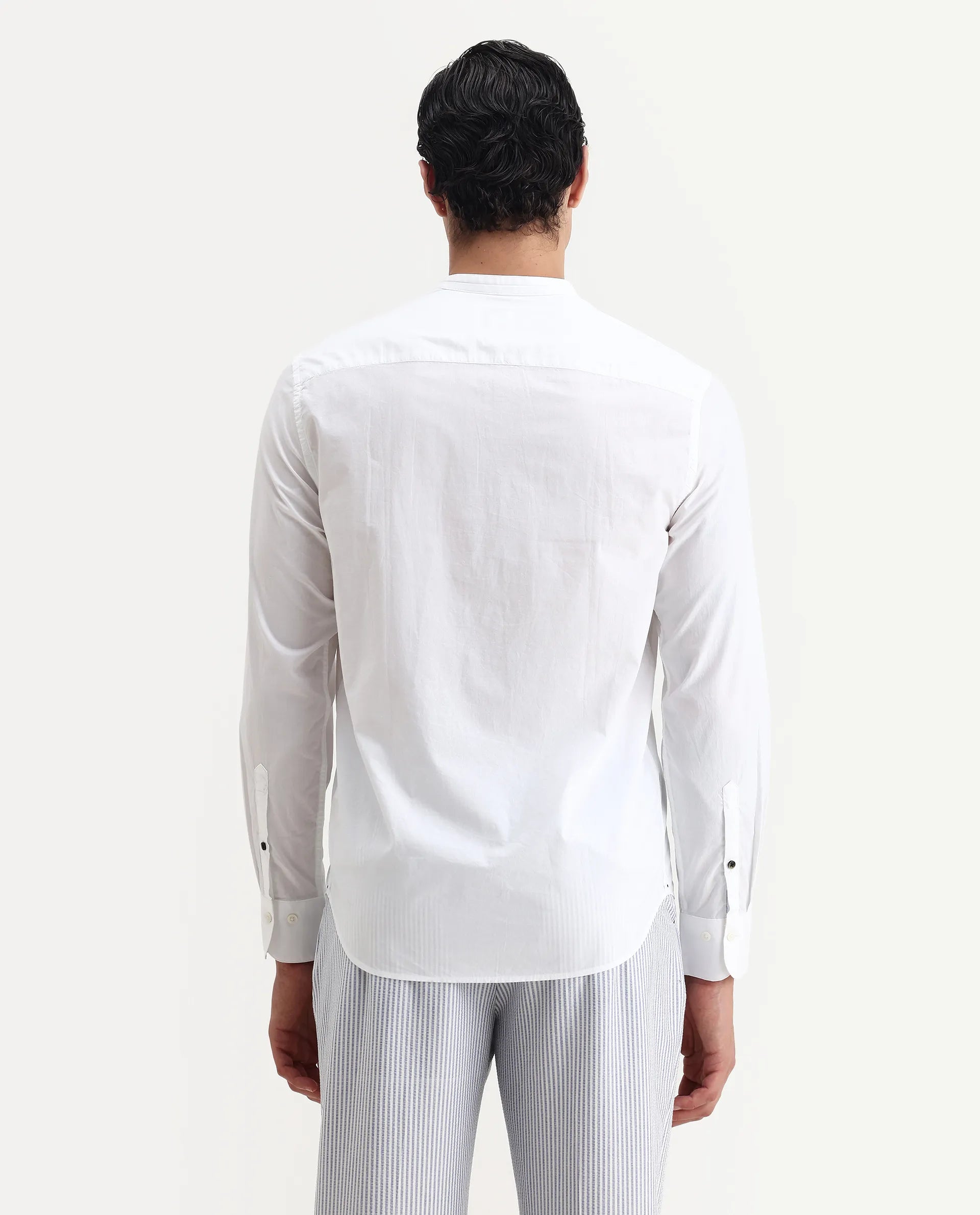 Rare Rabbit Men's Into White Cotton Plain Regular Fit Full Sleeve Mandarin Collar Shirt
