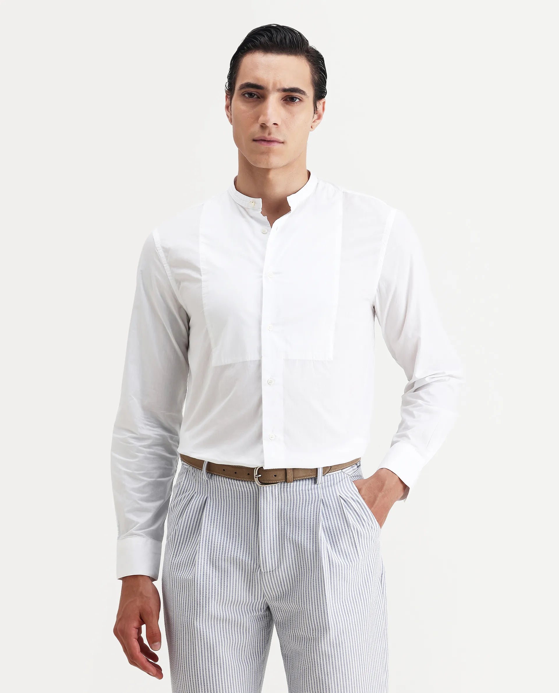 Rare Rabbit Men's Into White Cotton Plain Regular Fit Full Sleeve Mandarin Collar Shirt