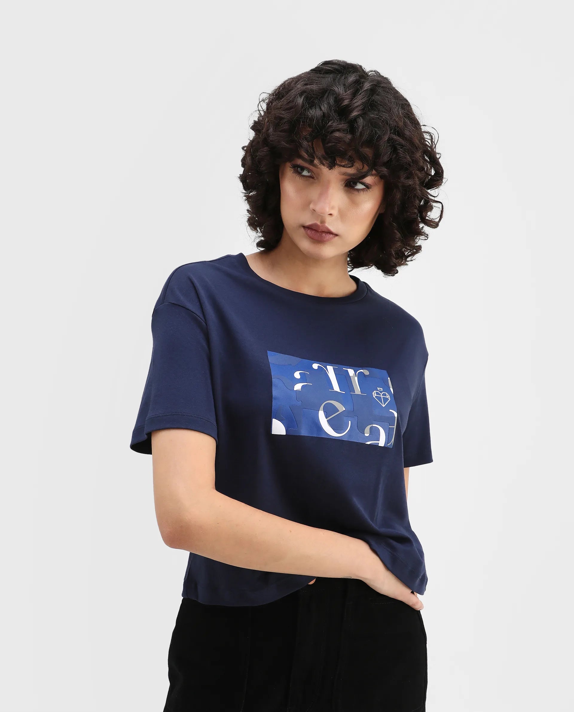 Rareism Women's Iolet Blue Cotton Crew Neck Graphic Print Regular Fit T-Shirt