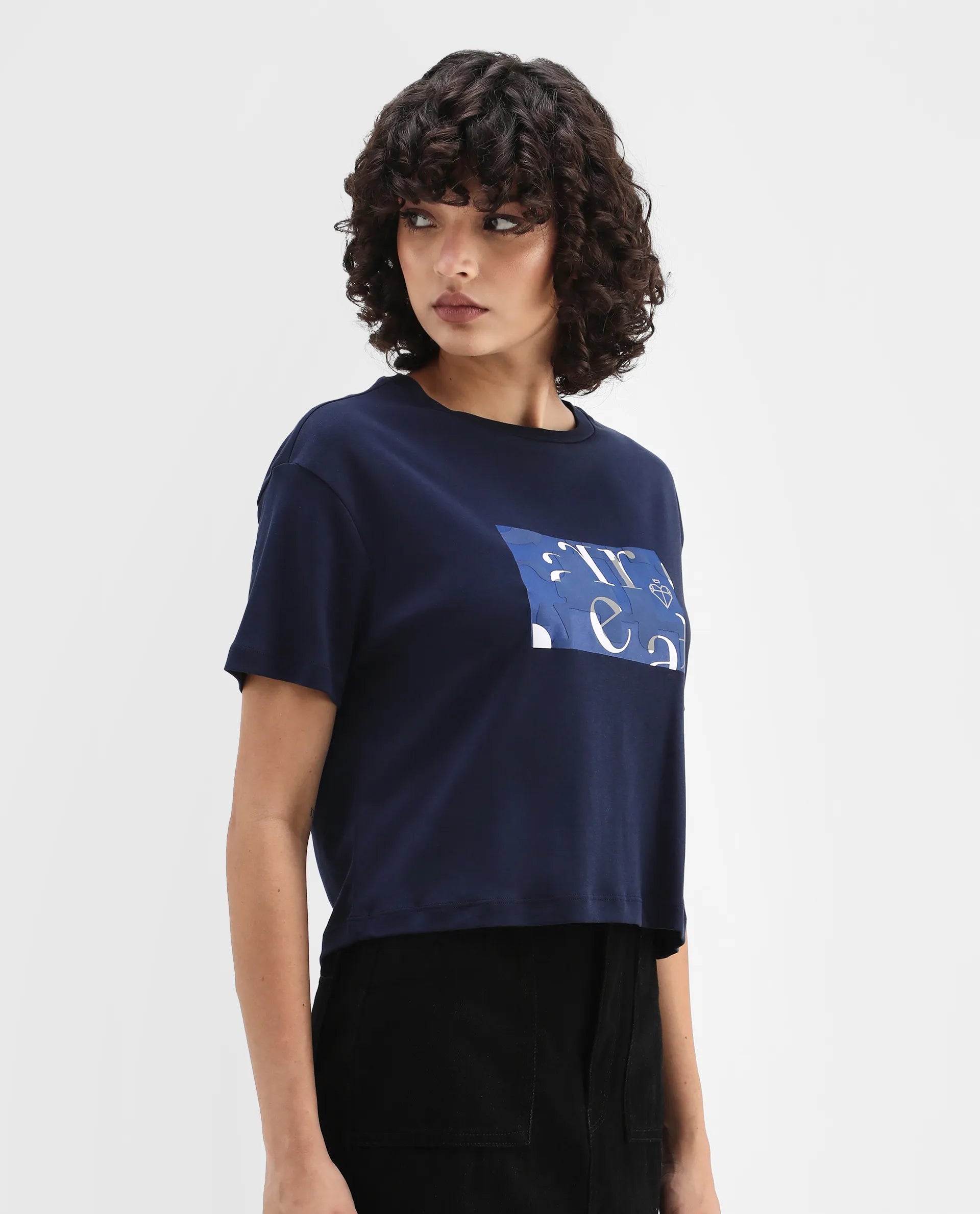 Rareism Women's Iolet Blue Cotton Crew Neck Graphic Print Regular Fit T-Shirt