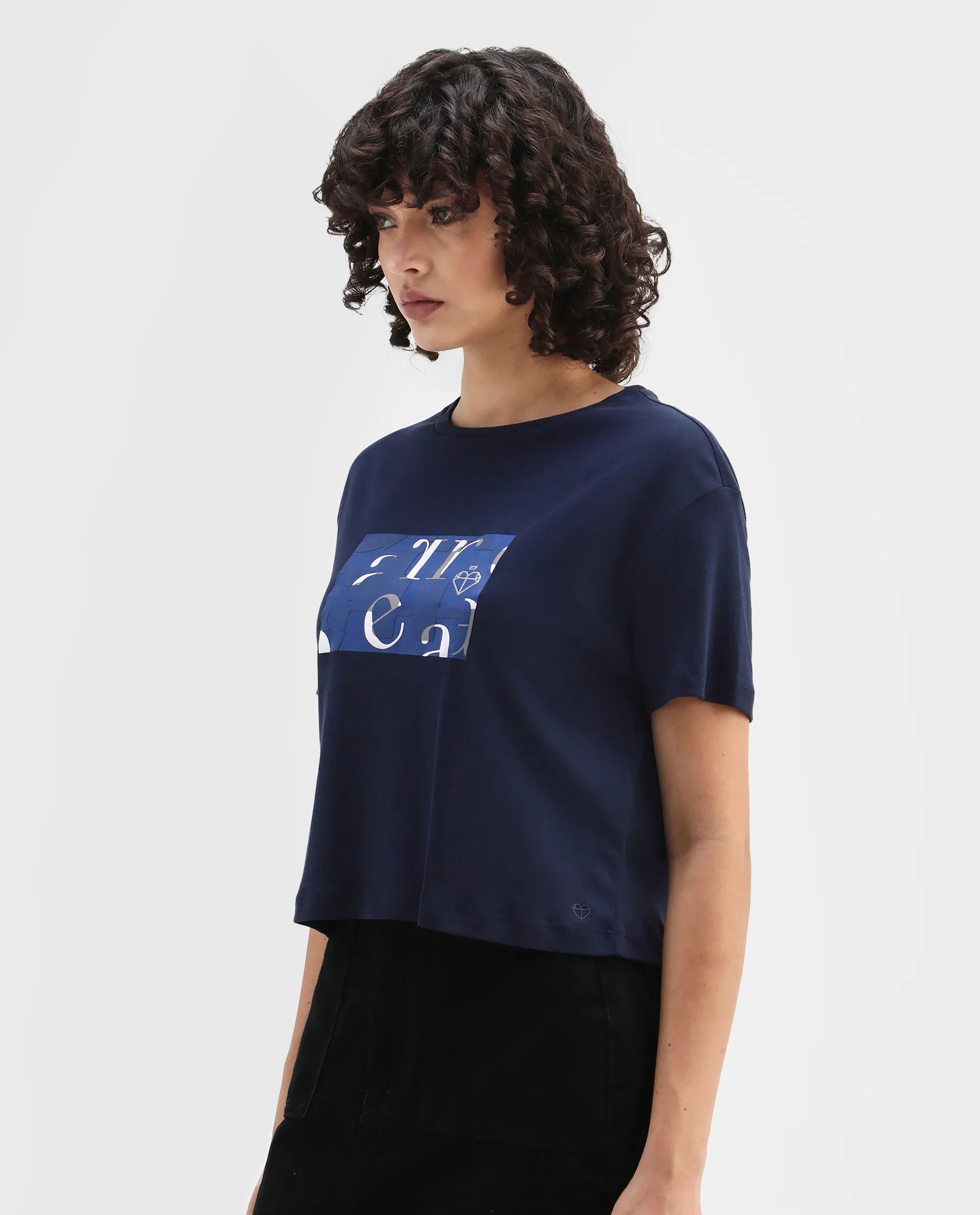 Rareism Women's Iolet Blue Cotton Crew Neck Graphic Print Regular Fit T-Shirt