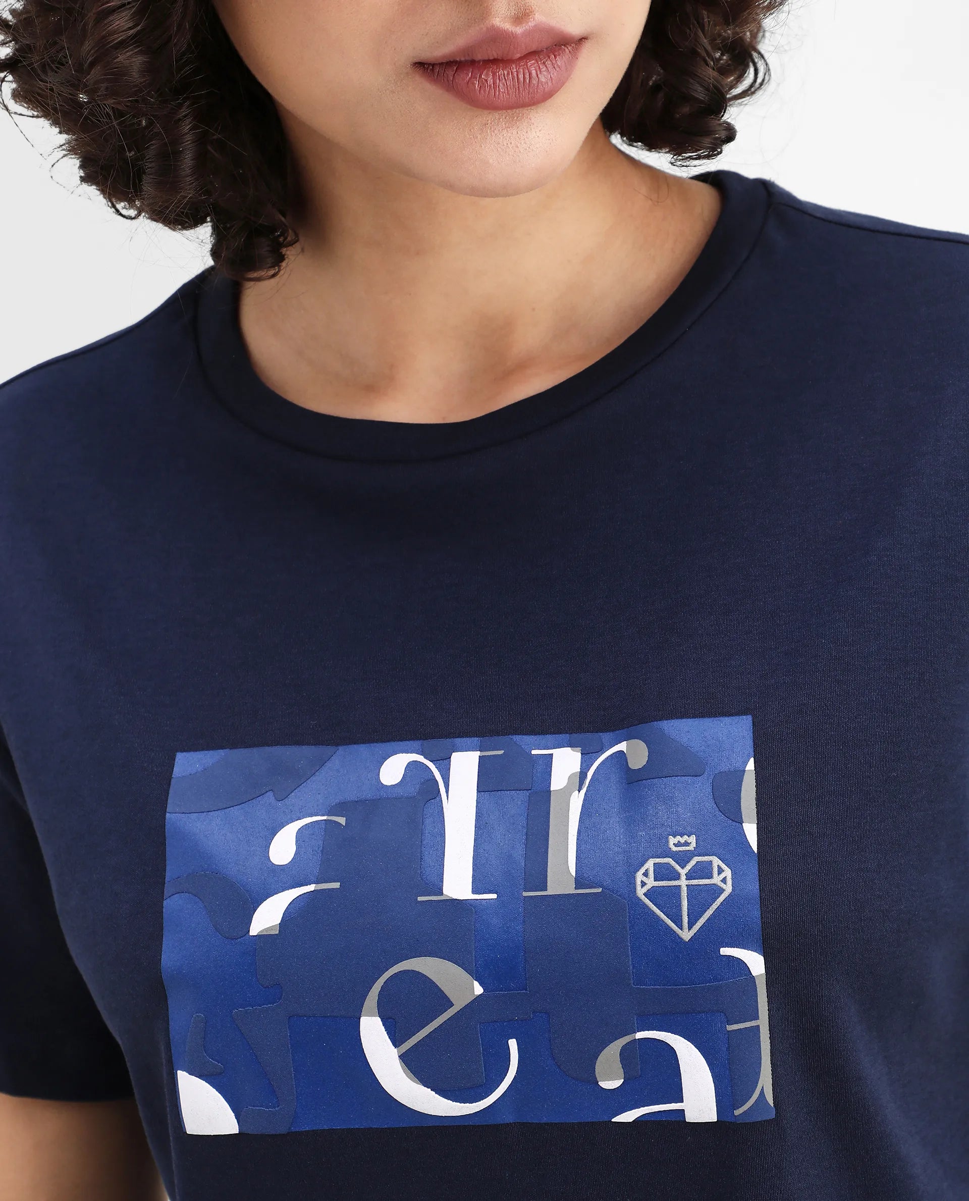 Rareism Women's Iolet Blue Cotton Crew Neck Graphic Print Regular Fit T-Shirt