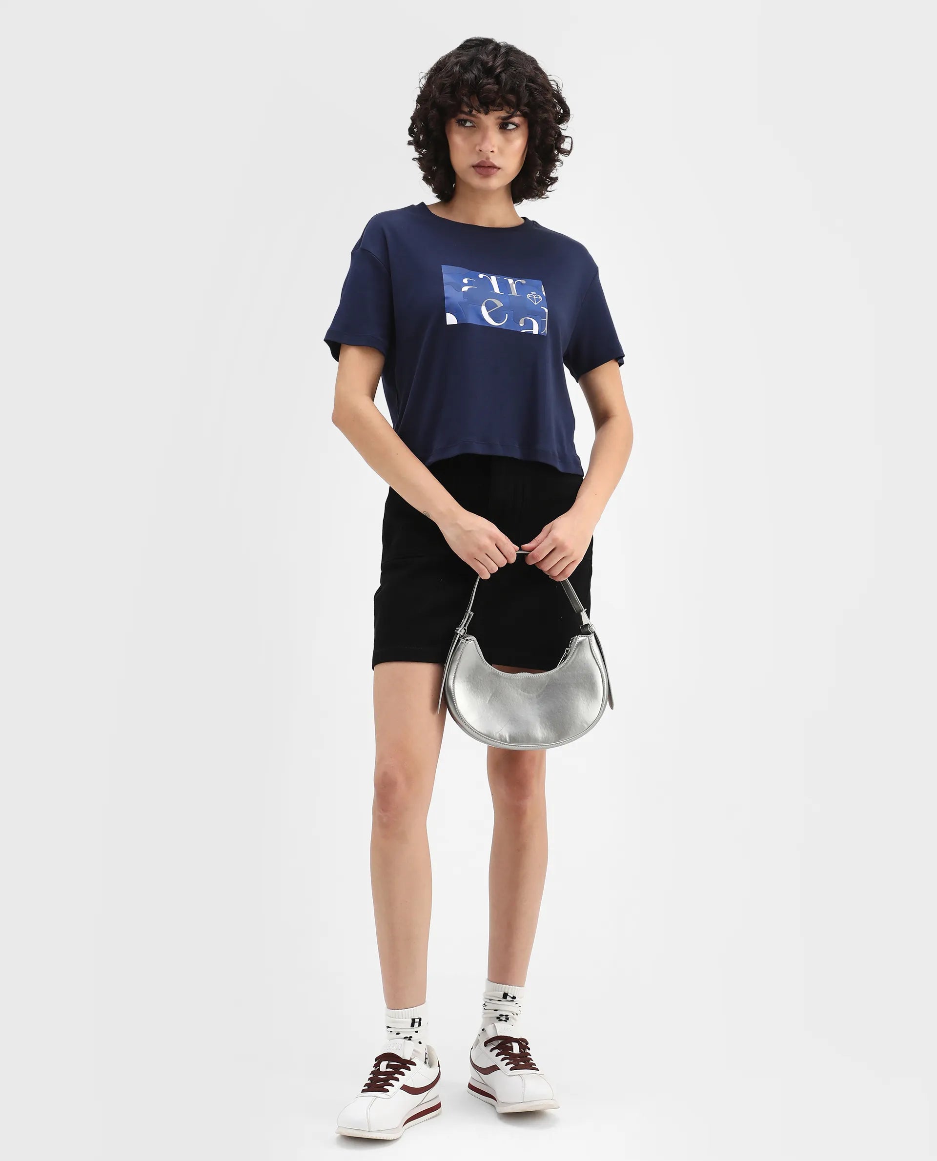 Rareism Women's Iolet Blue Cotton Crew Neck Graphic Print Regular Fit T-Shirt