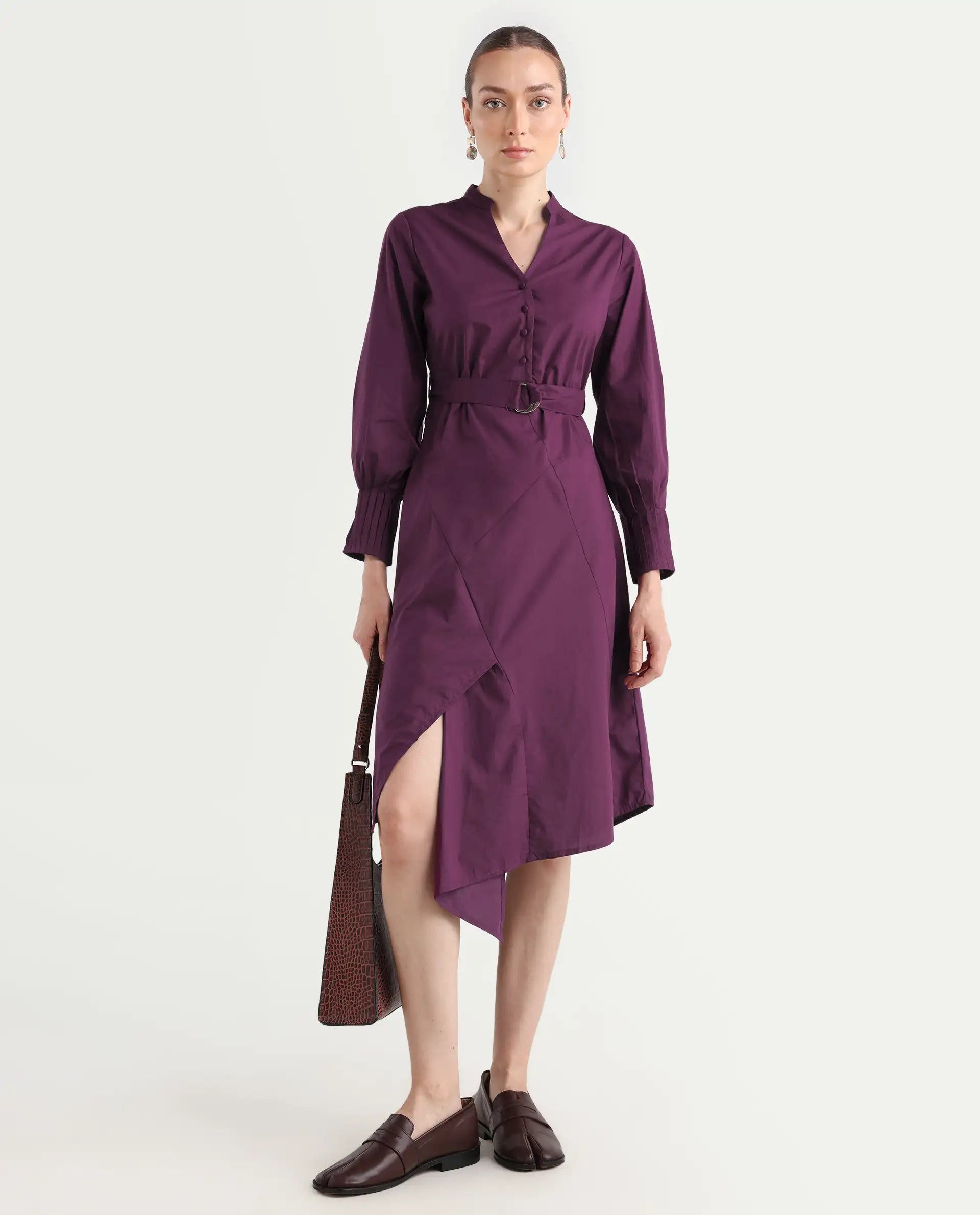 Rareism Women's Iona Purple Cotton Mandarin Collar Plain Cuffed Sleeve Midi Fit And Flare Dress