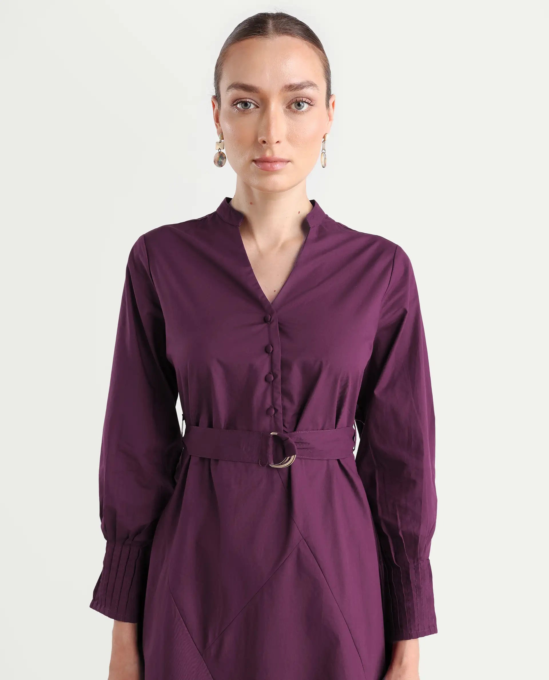 Rareism Women's Iona Purple Cotton Mandarin Collar Plain Cuffed Sleeve Midi Fit And Flare Dress