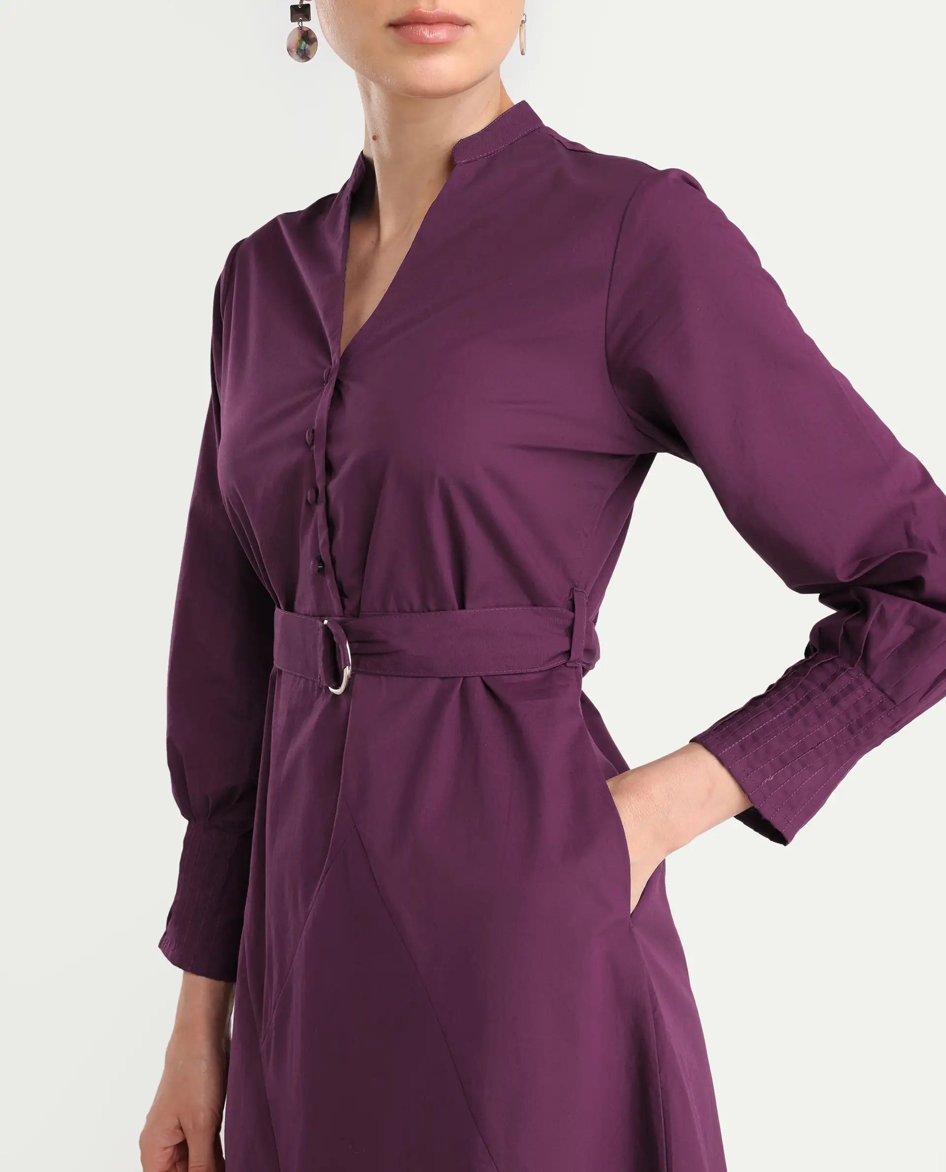 Rareism Women's Iona Purple Cotton Mandarin Collar Plain Cuffed Sleeve Midi Fit And Flare Dress