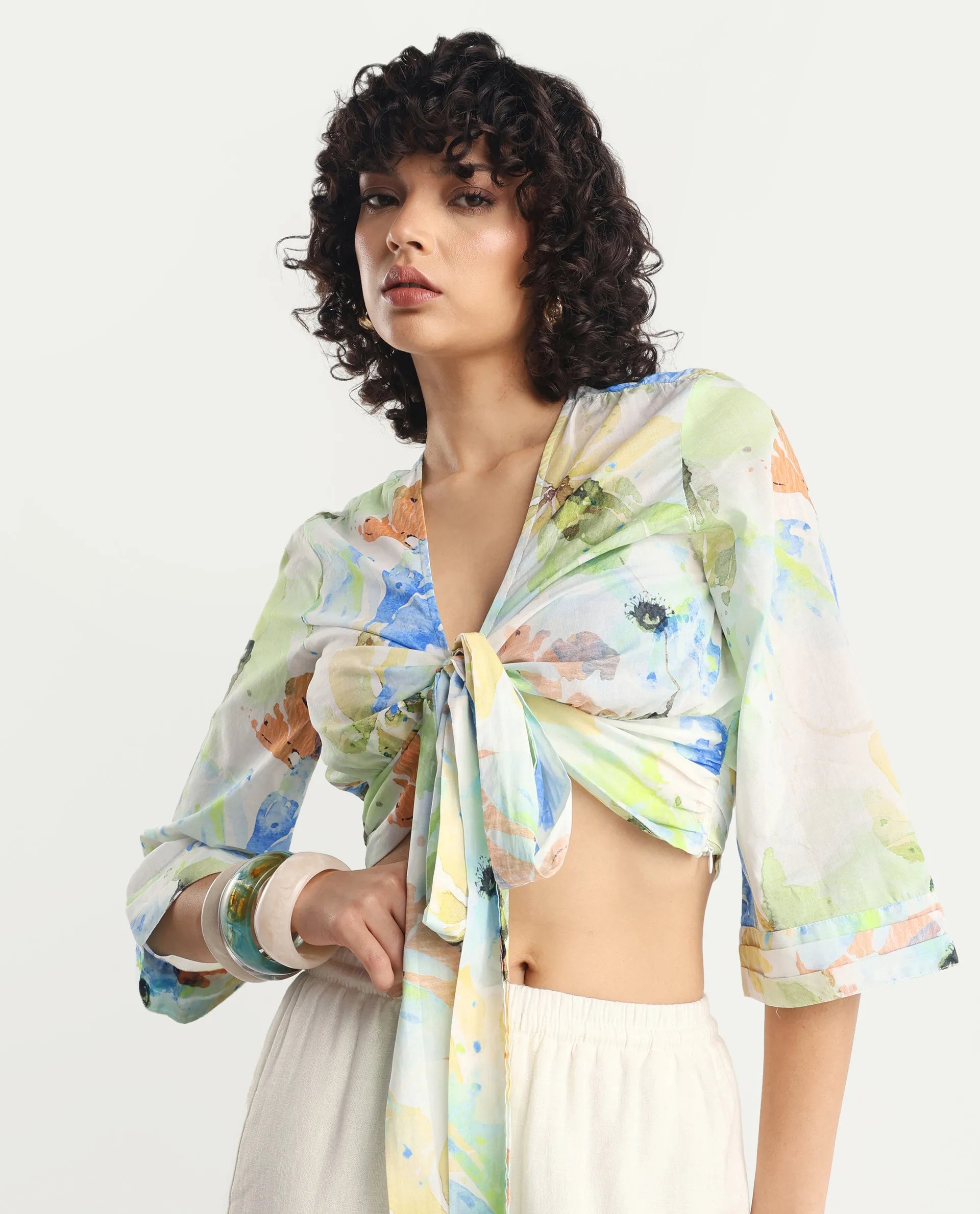 Rareism Women's Ireen Multi Cotton V-Neck Abstract Print Bell Sleeve Crop Regular Fit Top