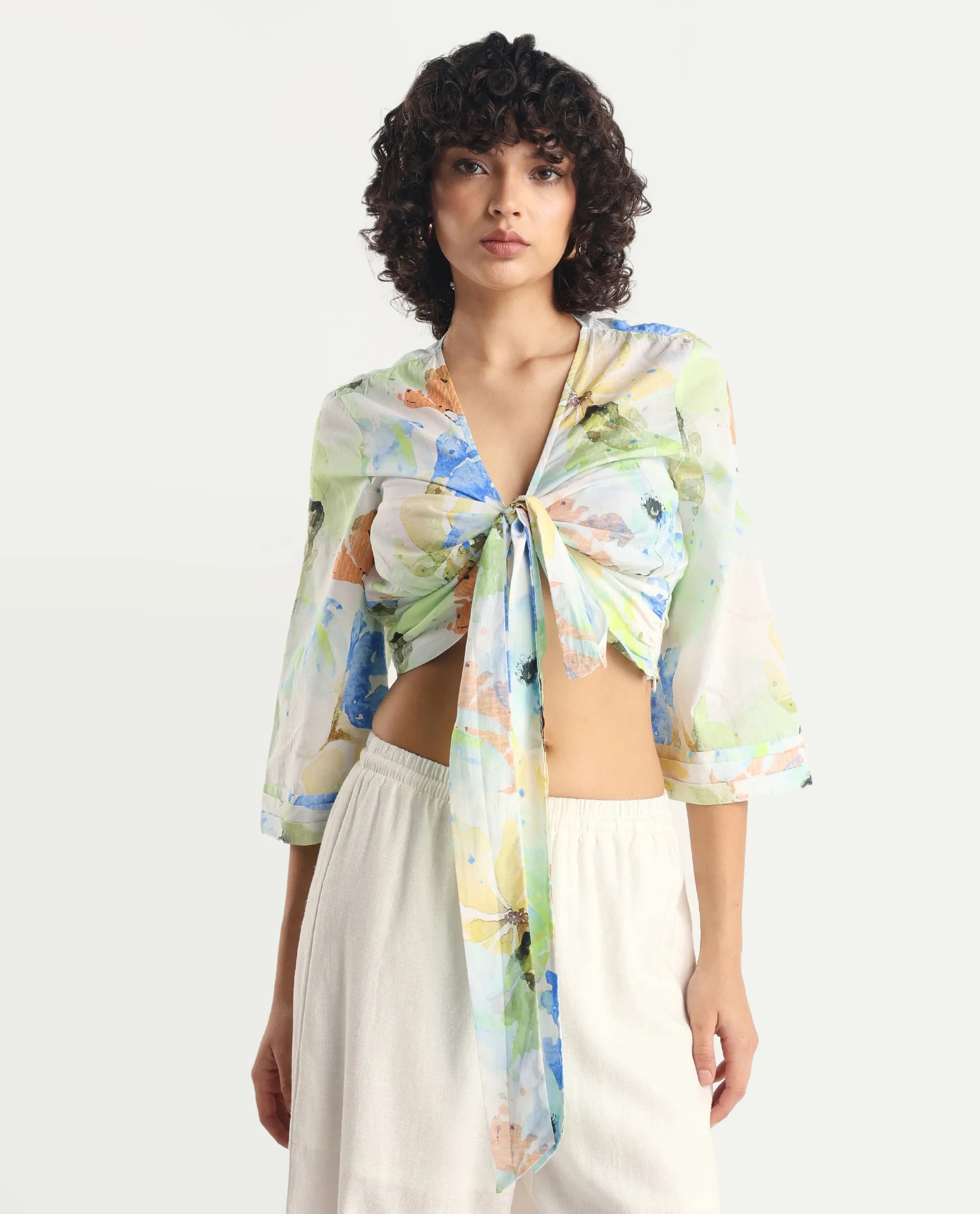 Rareism Women's Ireen Multi Cotton V-Neck Abstract Print Bell Sleeve Crop Regular Fit Top