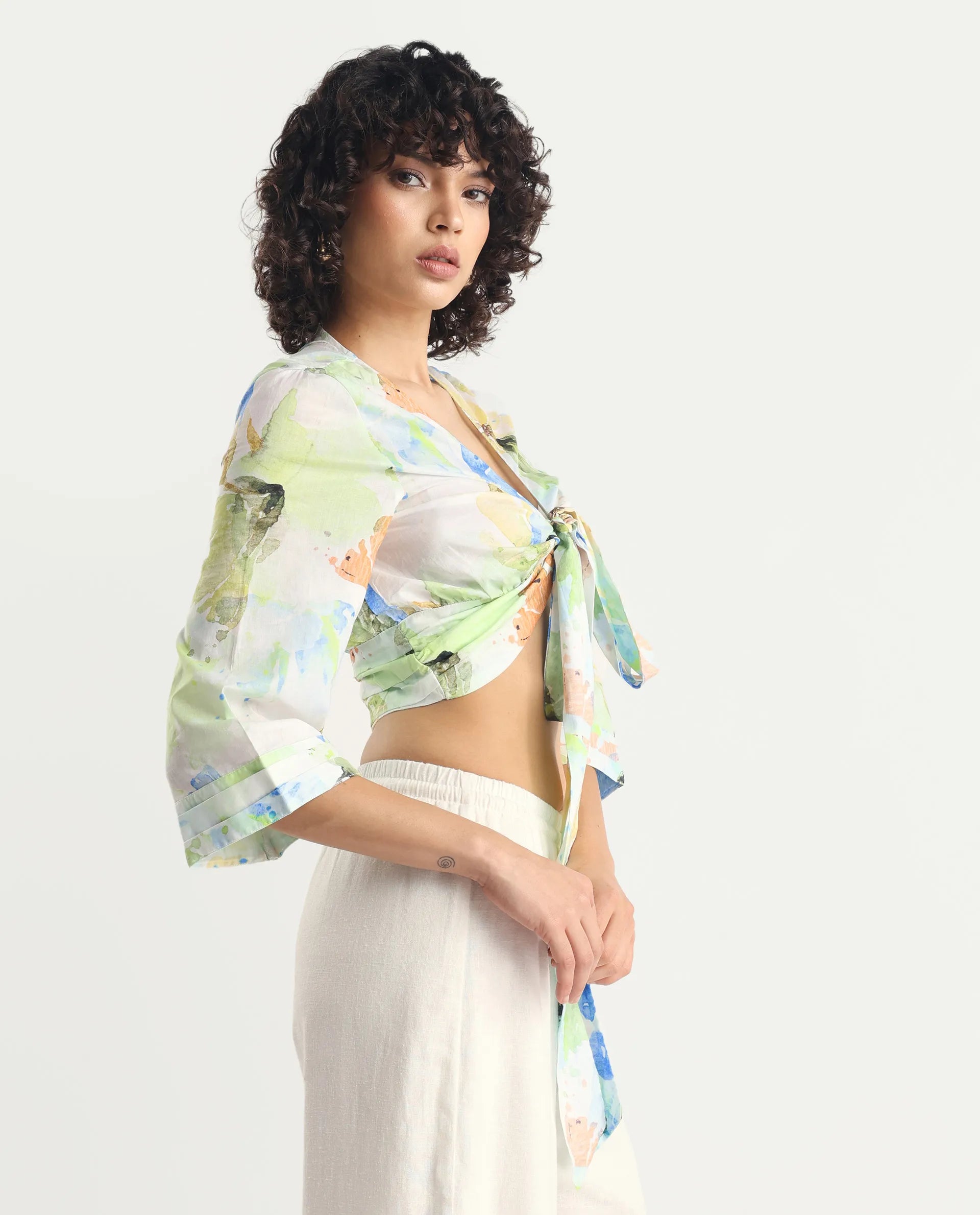 Rareism Women's Ireen Multi Cotton V-Neck Abstract Print Bell Sleeve Crop Regular Fit Top