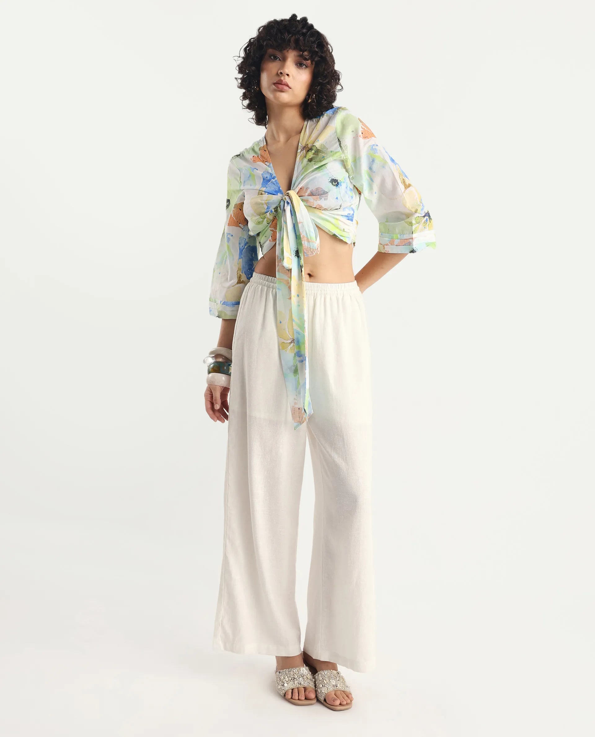 Rareism Women's Ireen Multi Cotton V-Neck Abstract Print Bell Sleeve Crop Regular Fit Top