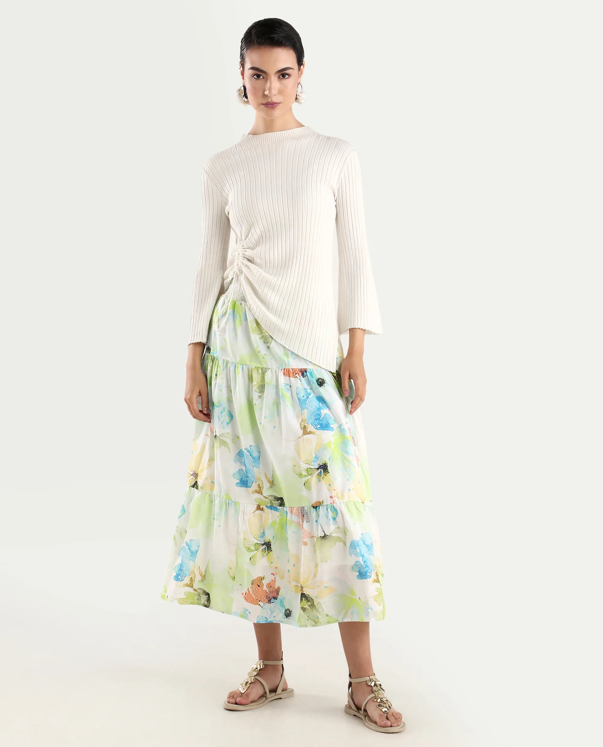 Rareism Women's Irina Multi Cotton Abstract Print Midi Flared Skirt