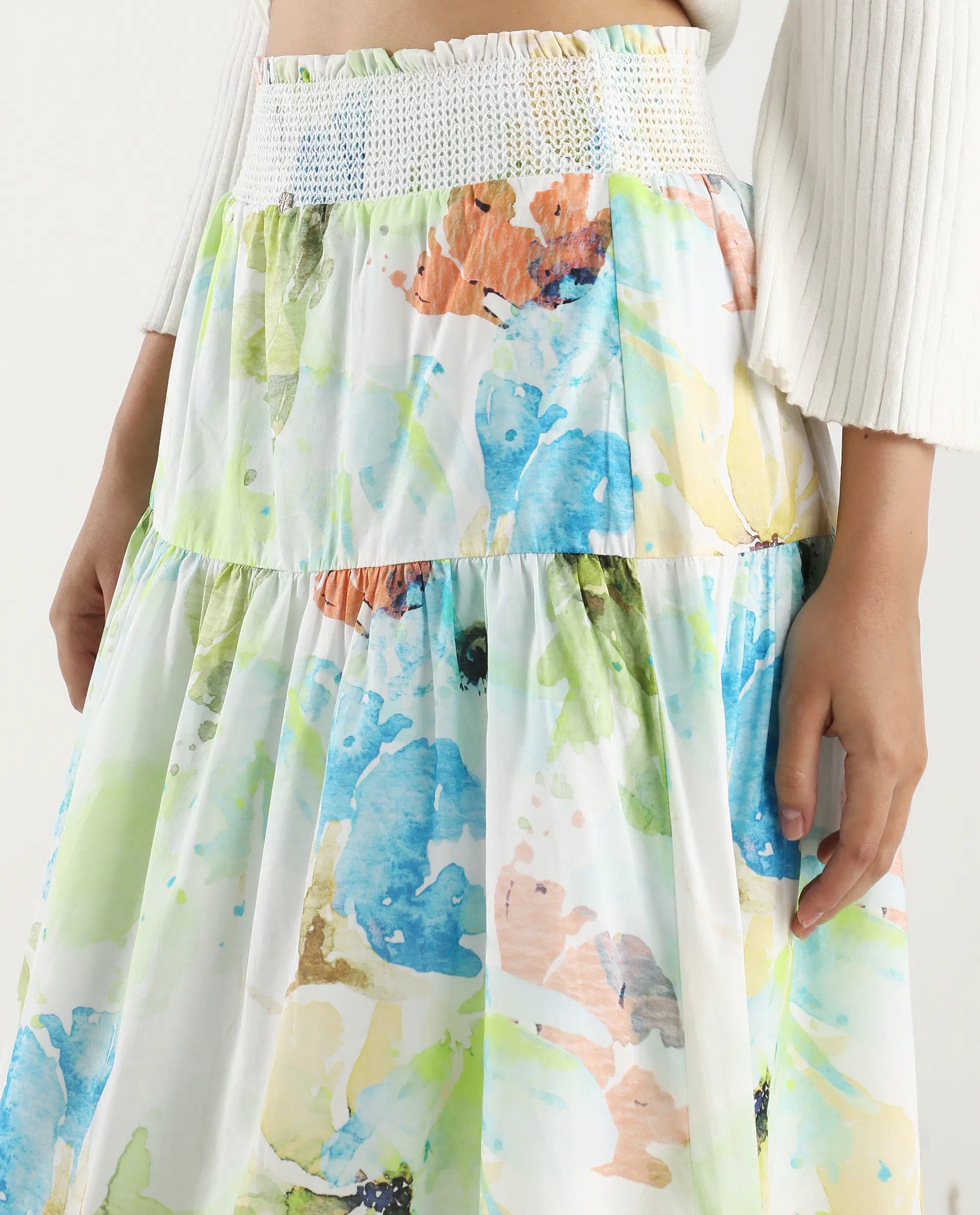 Rareism Women's Irina Multi Cotton Abstract Print Midi Flared Skirt