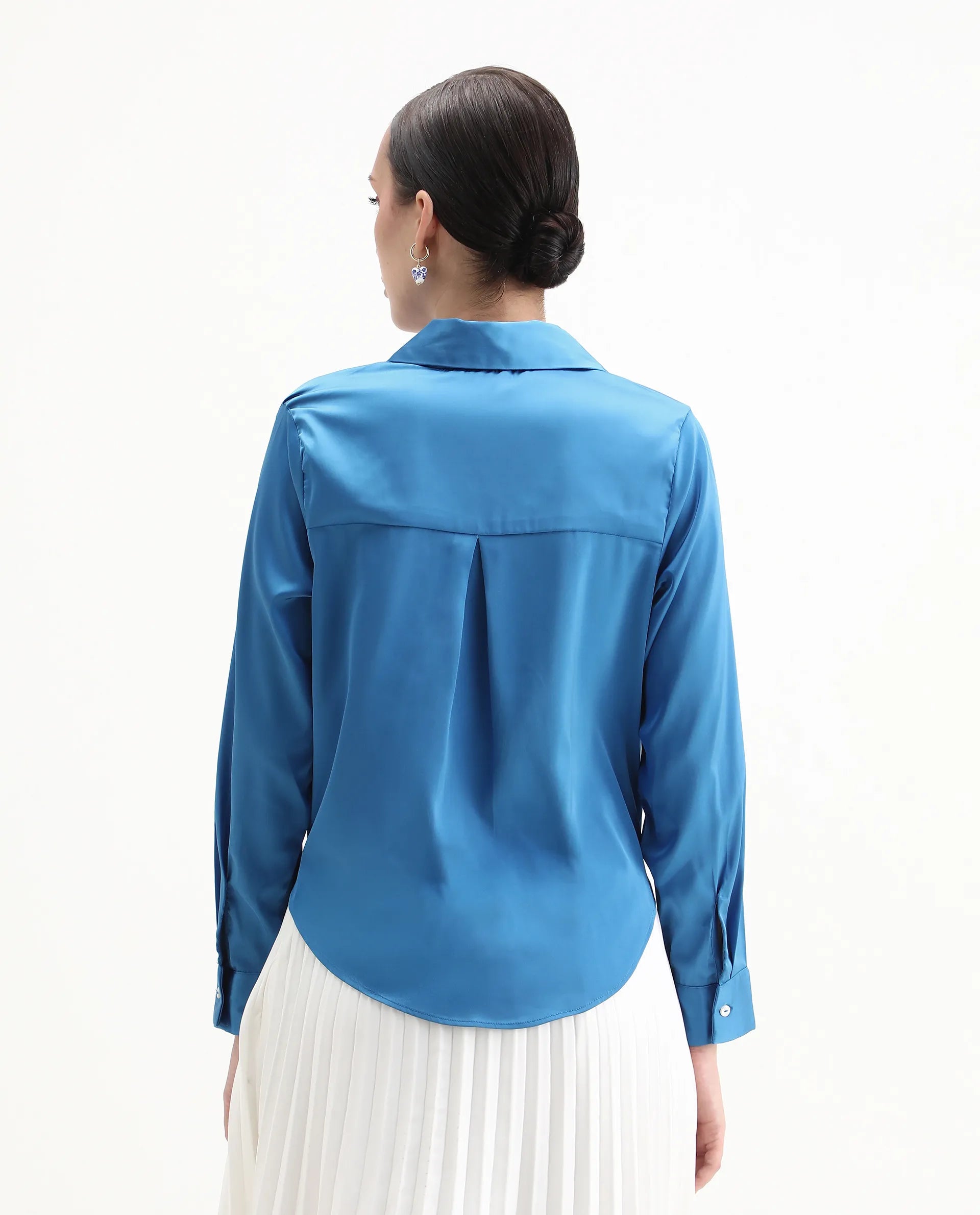 Rareism Women's Irteen Flouroscent Blue Polyester Drop Collar Plain Cuffed Sleeve Regular Fit Top