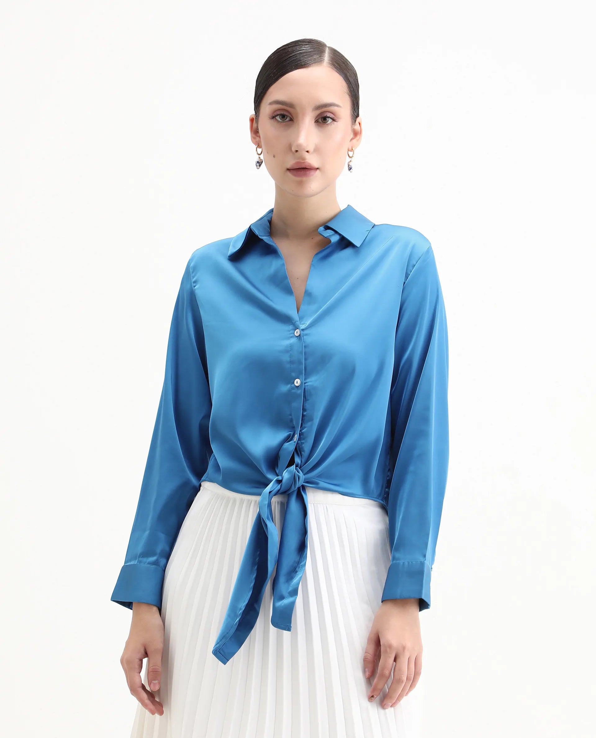Rareism Women's Irteen Flouroscent Blue Polyester Drop Collar Plain Cuffed Sleeve Regular Fit Top
